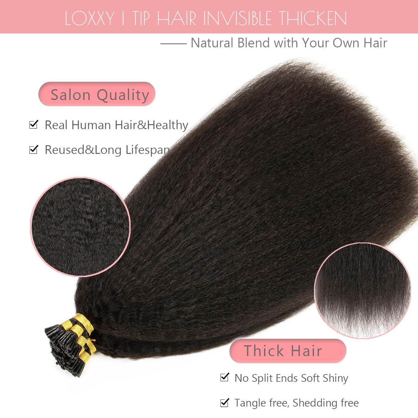 Loxxy I Tip Extensions Human Hair 22 Inch Kinky Straight Long Black Hair Extensions For Salon Brazilian Virgin Hair Pure 50Grams