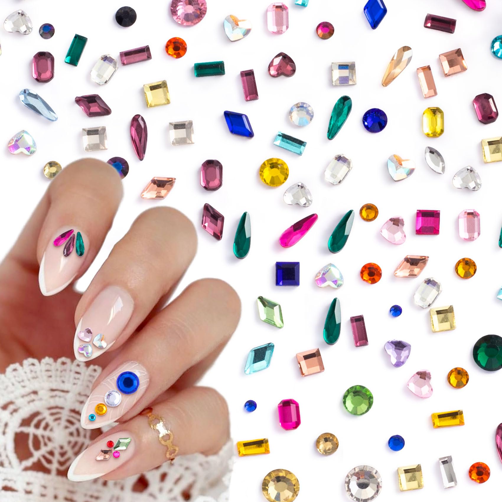 HINZIC 280pcs Colorful Nail Rhinestones Random Style Heart Round Geometric Flatback Small Crystal Gems Face Clothes Shoes Jewels