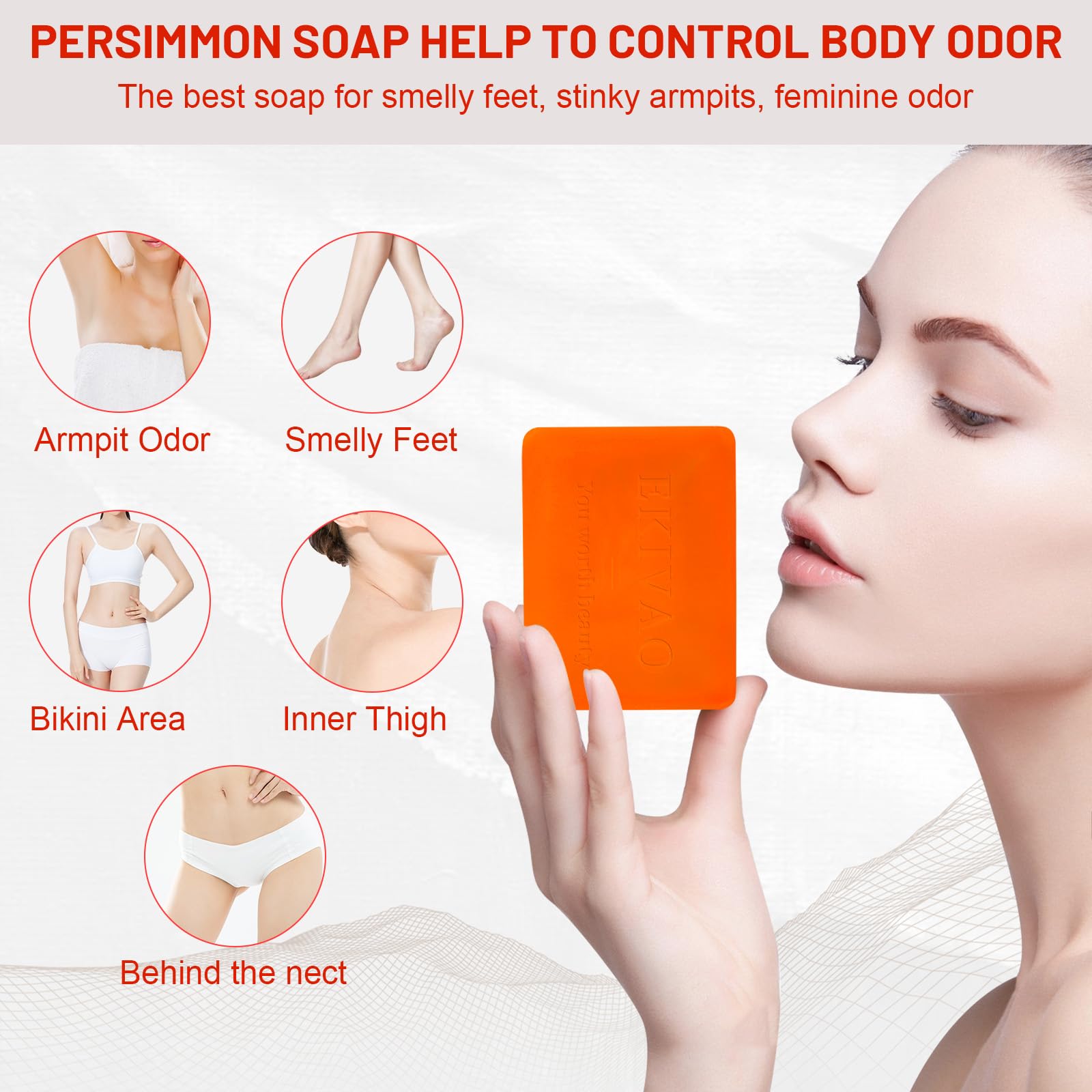 EKIVAO Natural Persimmon Soap Bar - Organic Deodorant for Body Odor Control, 3.5 oz (3-Pack), Orange