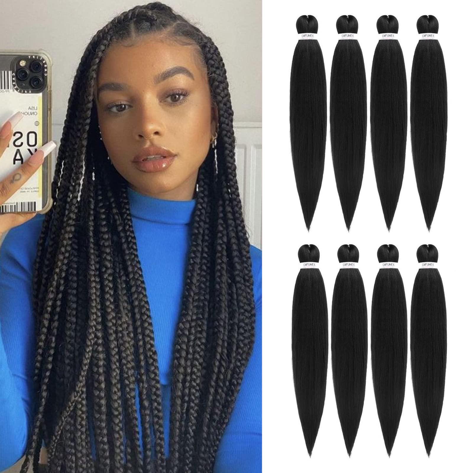 Difunee Pre-Stretched Braiding Hair - 26 Inch 8 Packs Jet Black Super Long Braiding Hair For Twist Or Box Braids, Yaki Texture H