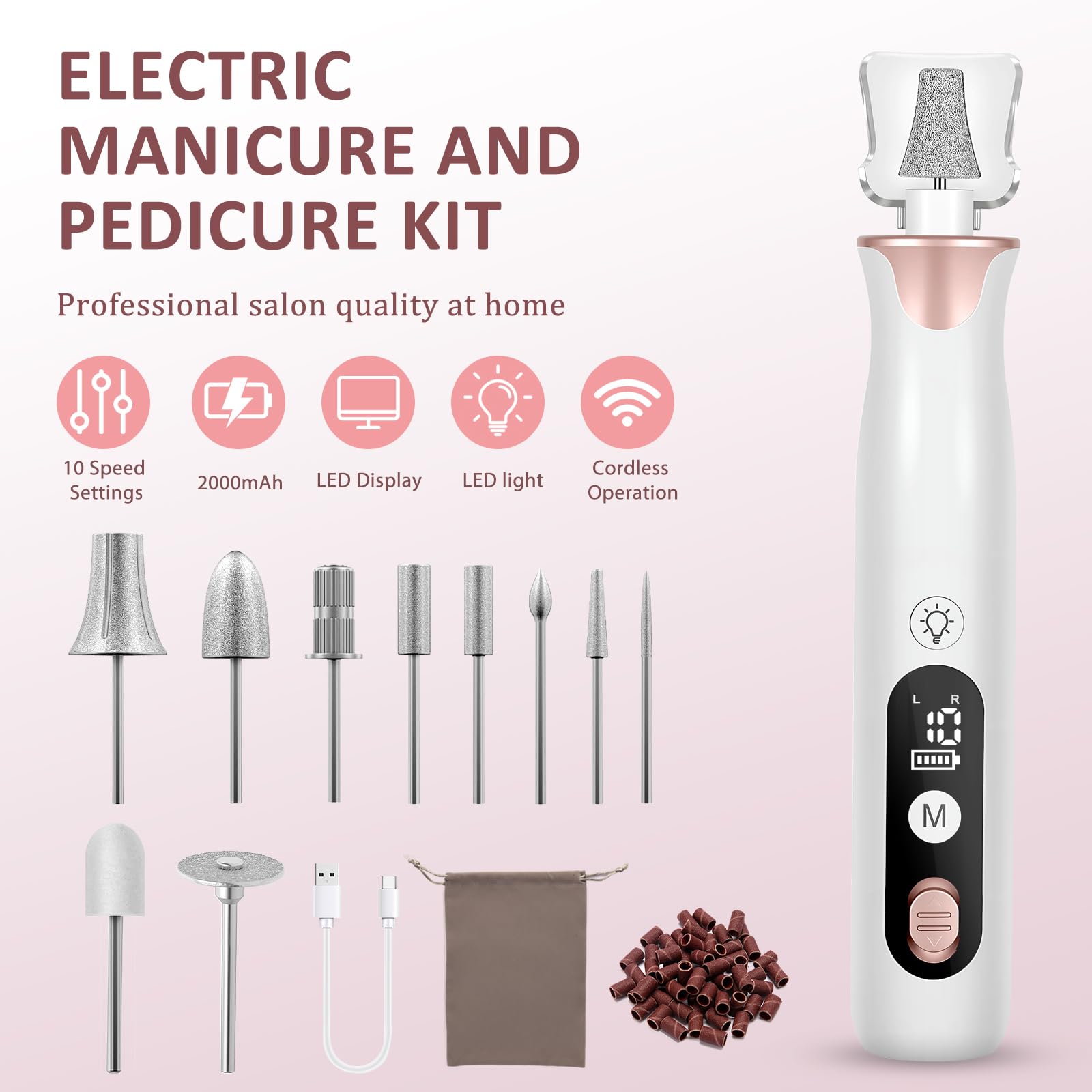 ZABOUL Electric Nail Drill Kit Cordless Professional Manicure Pedicure Nail File Buffer for Acrylic Nails Gel Polishing Removing