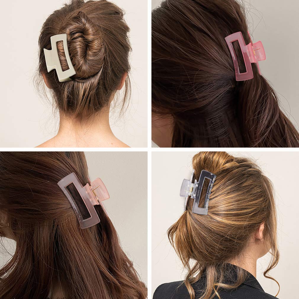Canitor Hair Claw Clips 4 Pcs, Pink Hair Clips For Thin Hair Rectangular Acrylic Hair Clips Banana Hair Clips Non-Slip Clip Medi