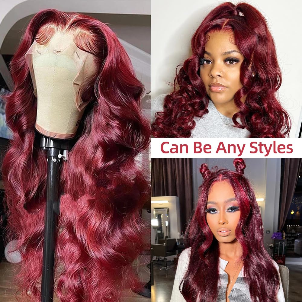 Avolo 22 Inch Burgundy Lace Front Wig - Human Hair, Pre Plucked, Body Wave, 180% Density, HD Lace