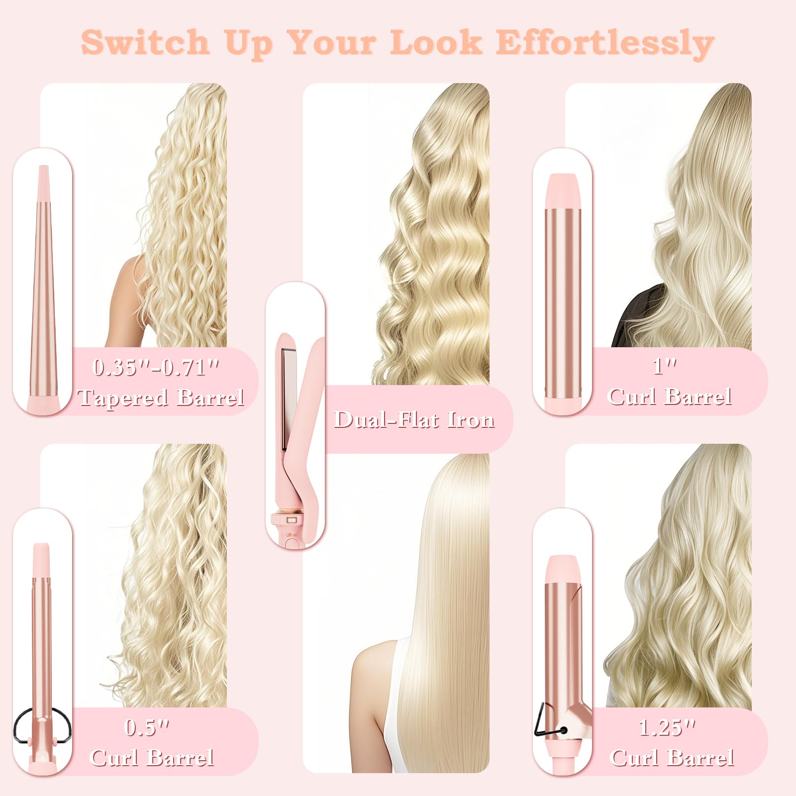 Ufree 5 in 1 Curling Iron with Ceramic Barrels (0.35-1.25), Curling Wand Set with Flat Iron Hair Straightener, Instant Heat Up,