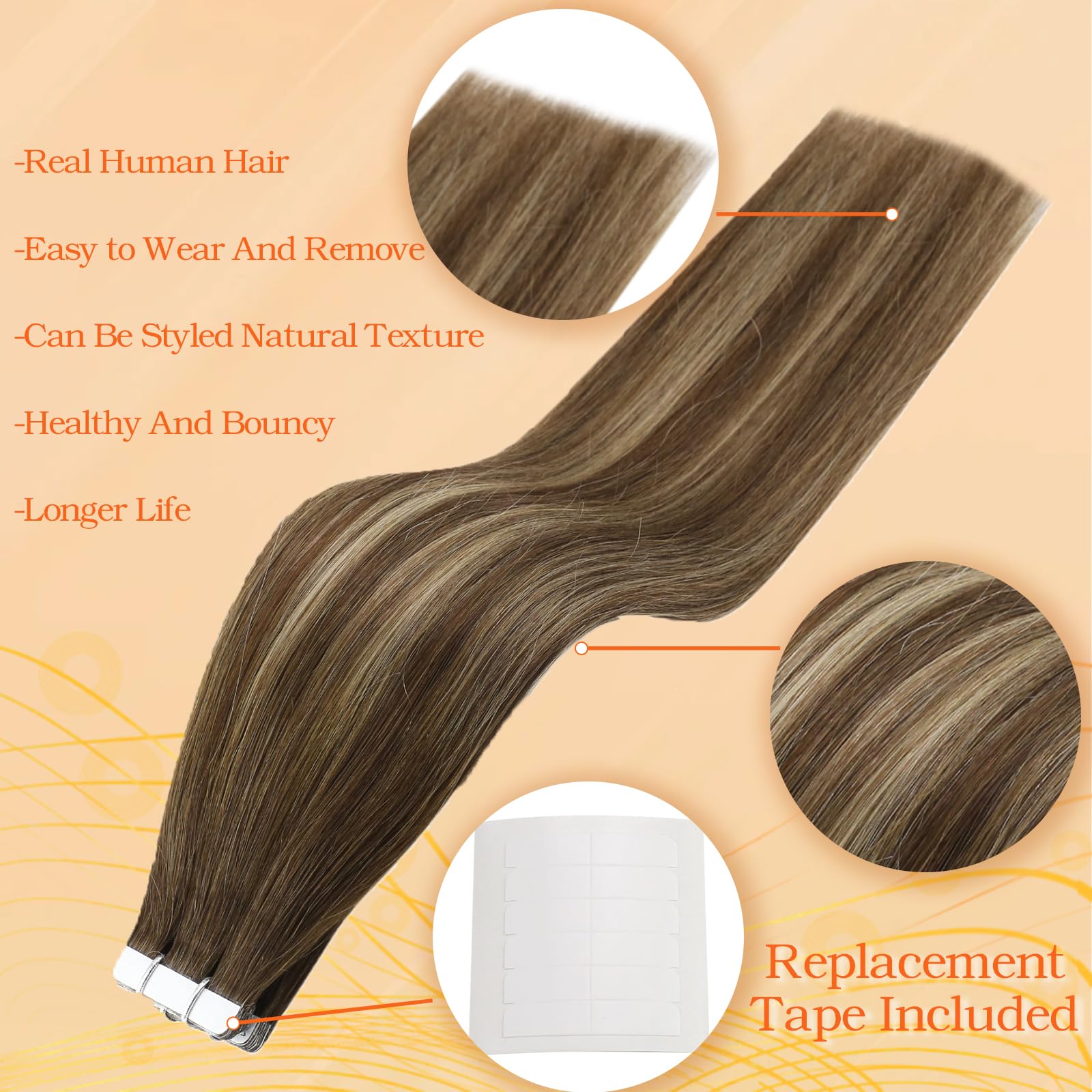 Full Shine Tape In Hair Extensions Human Hair 16 Inch 20 Pcs Glue In Hair Extensions Tape In Color 4 Medium Brown Fading To 24 B