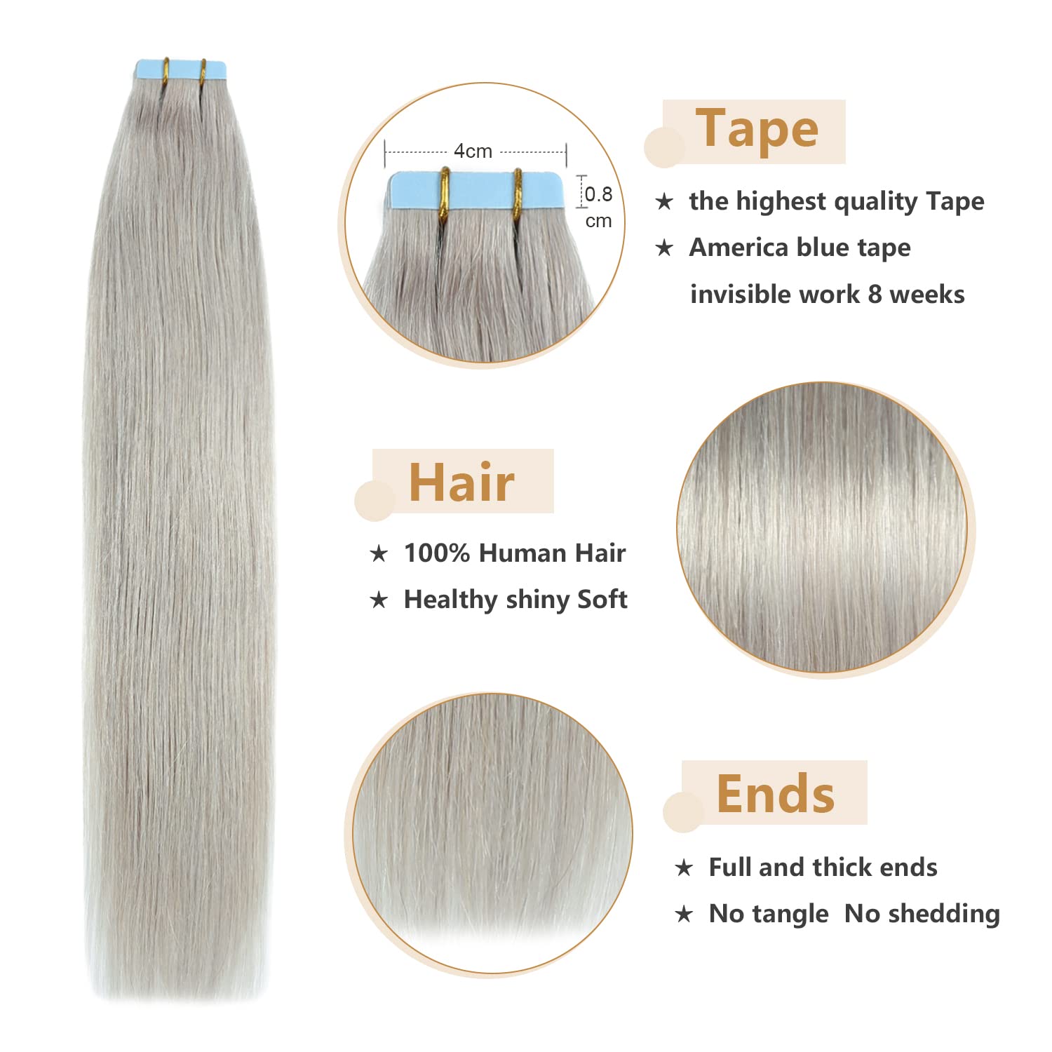 Yilite 20 Pieces/Pack 40G Silver Tape In Hair Extensions Human Hair 14Inch 40G/Pack Silver Tape In Hair Extensions Remy Human Ha