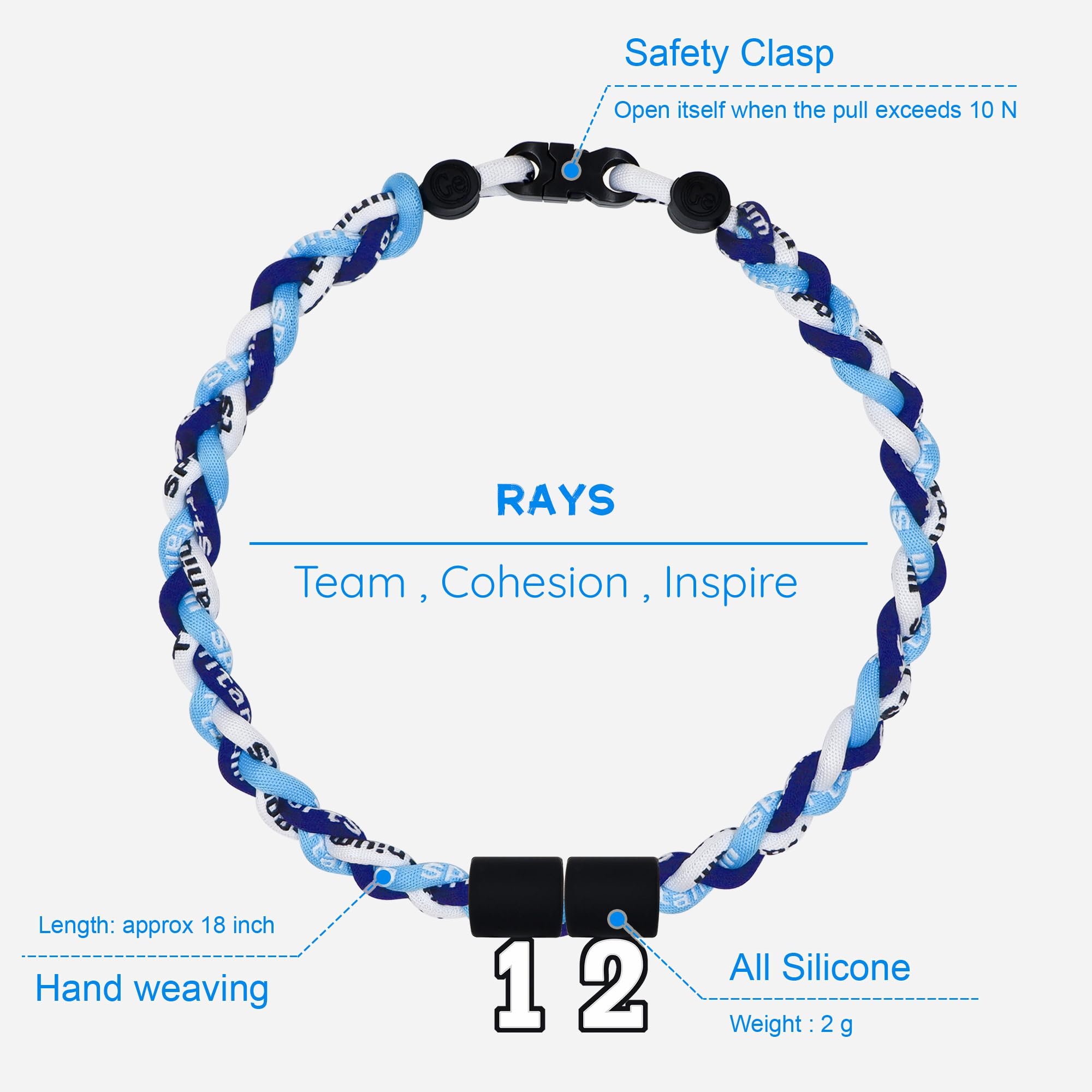 SUPBOMM Baseball Rope Necklaces, League Team Colors Braided Necklace with Number Pendant, Baseball Team Gifts, Rays, No. 12