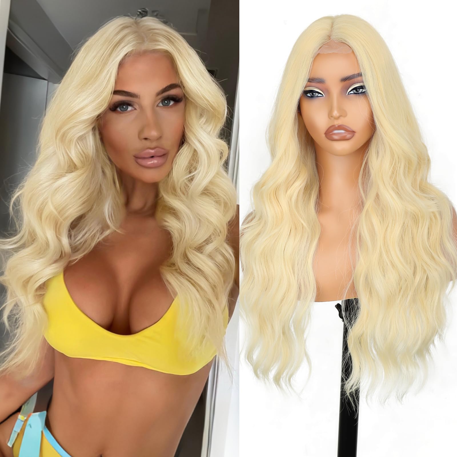 AISI HAIR 613 Blonde Wig for Women, Long Wavy Lace Hairline Middle Part Synthetic Wig for Daily Party-26 Inch