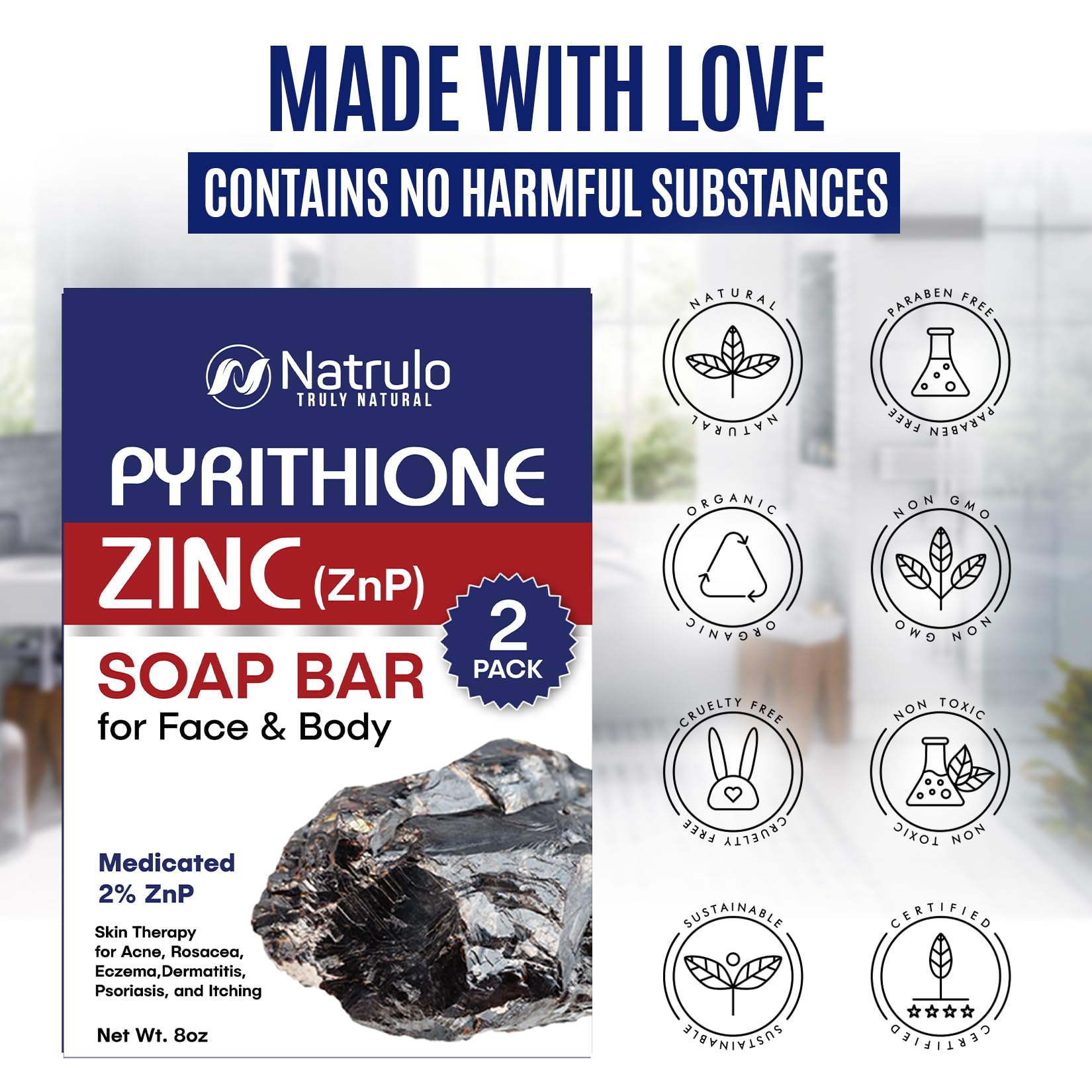 Herblov Pyrithione Zinc Soap Bar for Face & Body, 4oz | Cleanser for Acne, Rosacea, Eczema, Dermatitis, Psoriasis, Itching | Cle