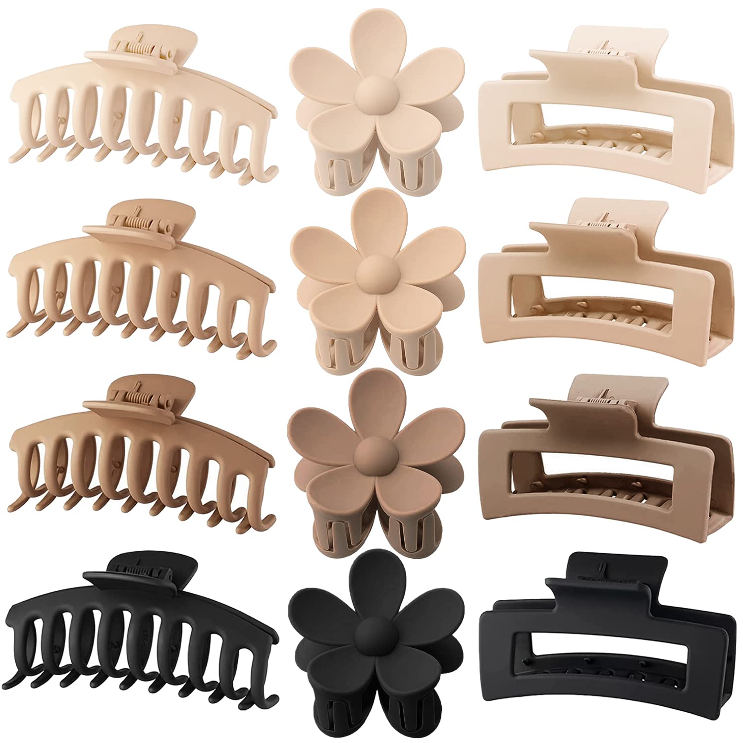 12 Pack Large Hair Claw Clips 4.3 Inch Rectangle Hair Claw Clips Flower Hair Clips for Women Thick Hair, Matte Hair Clip Banana 