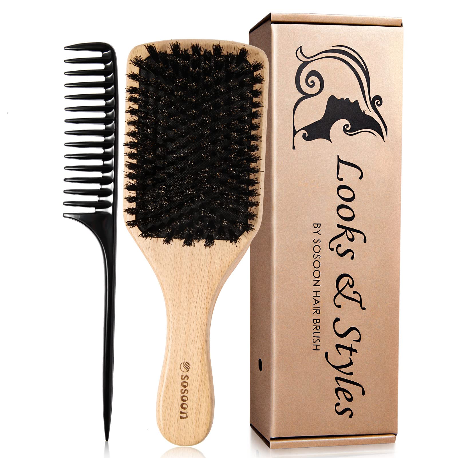 Boar Bristle Hair Brush, 100% Pure Boar Bristle Paddle Brush for Women Men Kids Thin, Fine, Long, Curly or Any Type of Hair, Res