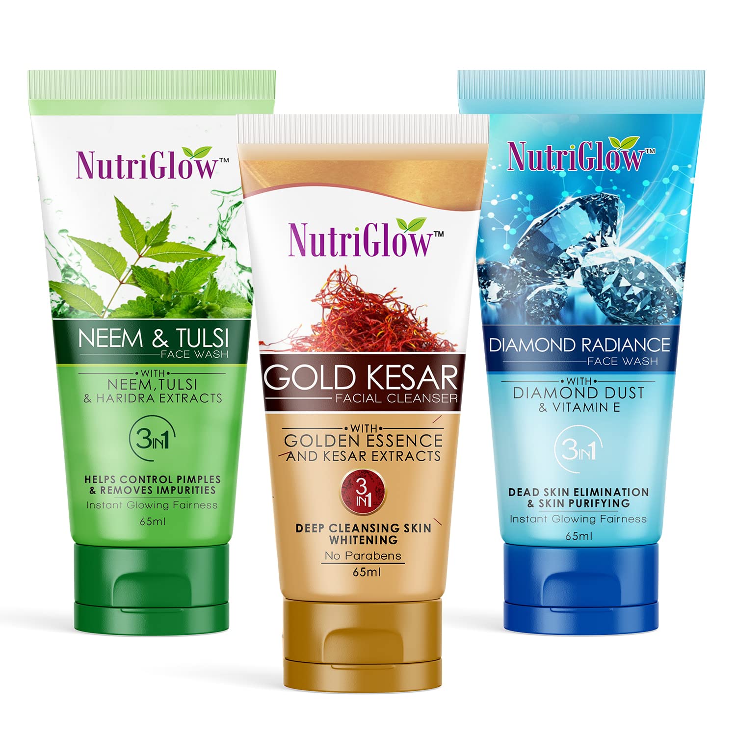 Nutriglow Neem Tulsi Face Wash, Gold Kesar Face Wash And Diamond Radiance Face Wash For Brighten Skin, Remove Wrinkle, 65Ml Each