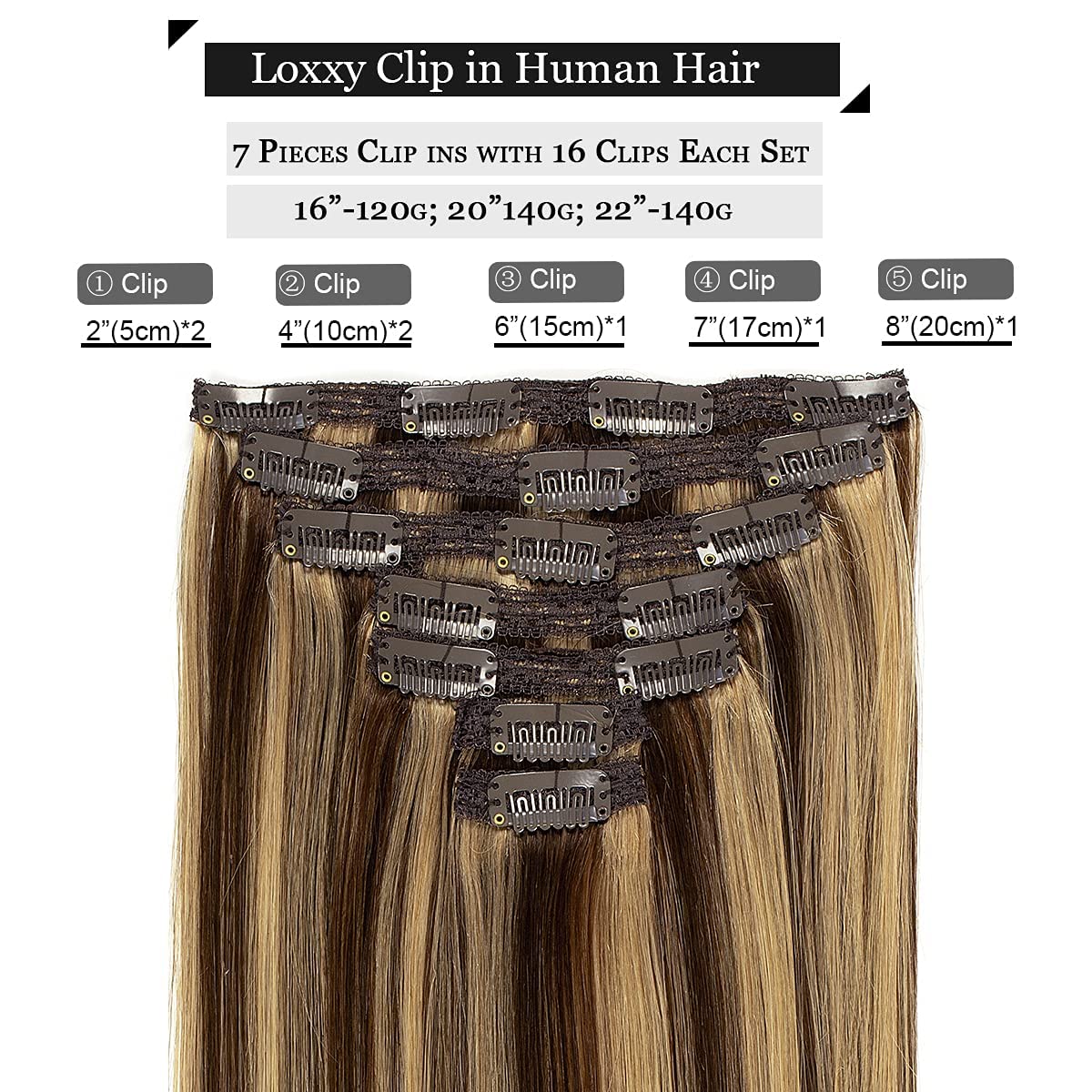 Loxxy Clip In Human Hair Extensions Natural Hair Chocolate Brown Mixed With Light Golden Brown 7Pieces 120G Double Weft Extensio