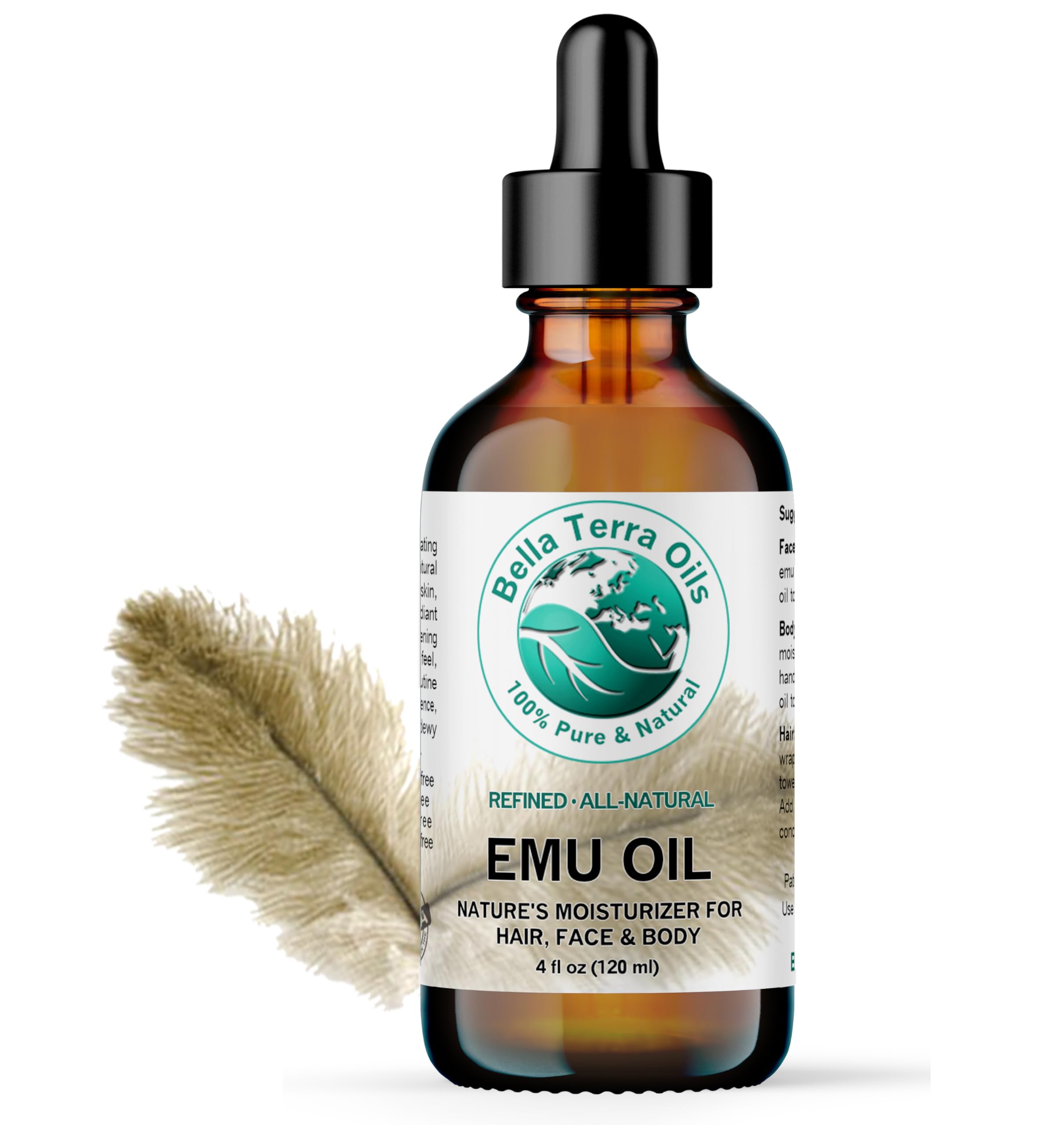 Bella Terra Oils - Emu Oil 4 oz - Genuine Pure Australian Emu, Infused with Linoleic & Oleic Acid, Perfect Companion for Lustrou