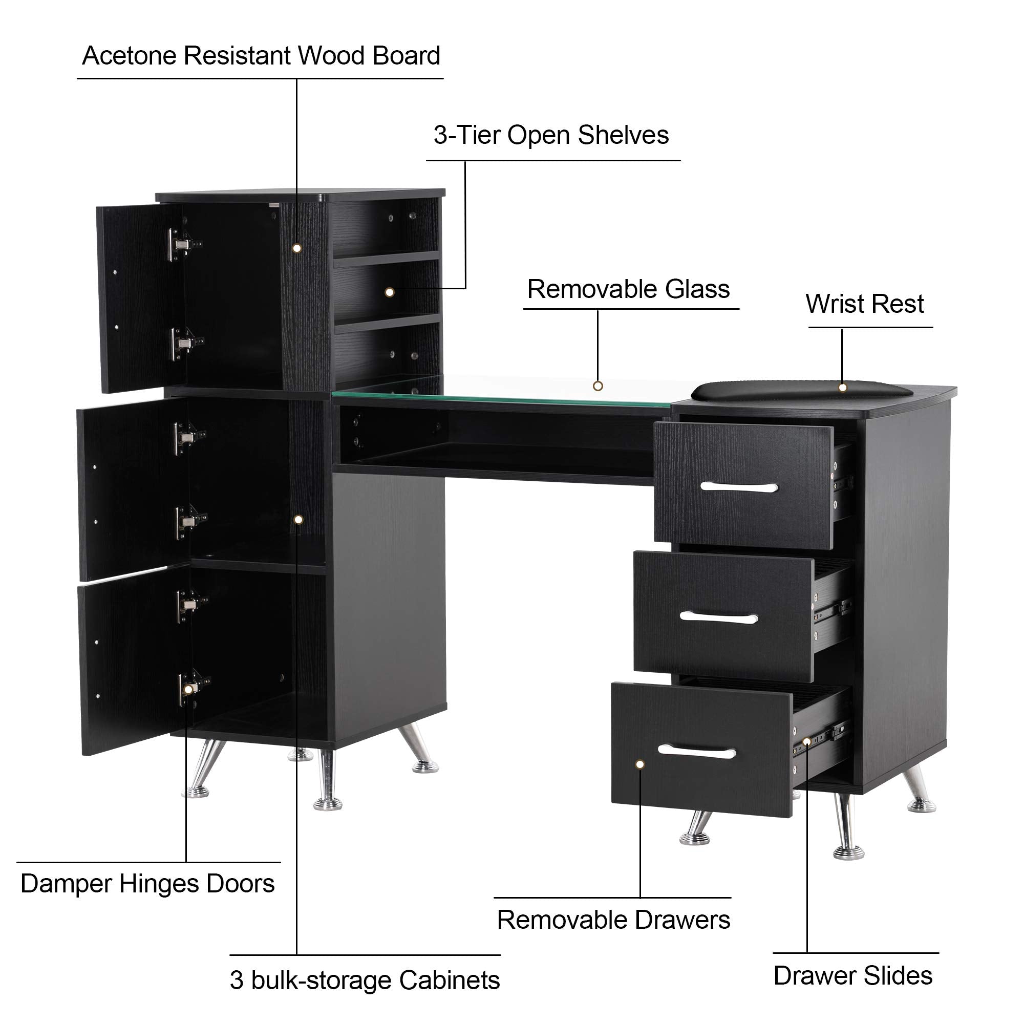 Barberpub Manicure Table, Nail Makeup Desk With Drawers, Storage Beauty Salon Workstation 2611 (Black)