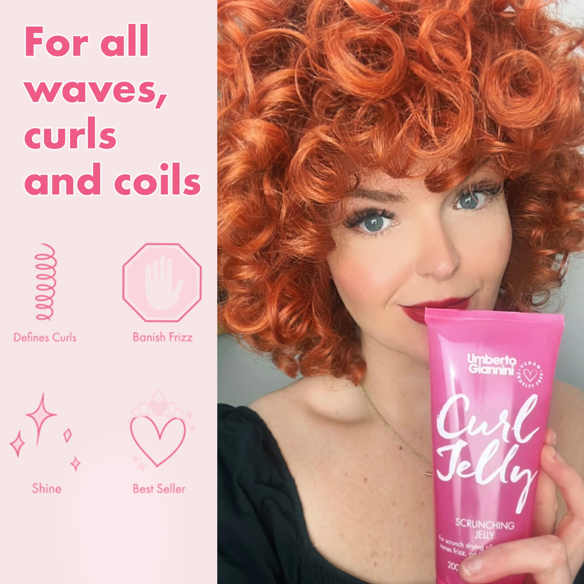 Umberto Giannini Curl Jelly - Vegan Frizz Solution Gel for Curly/Wavy Hair, 200 ml, Pink, Model U005