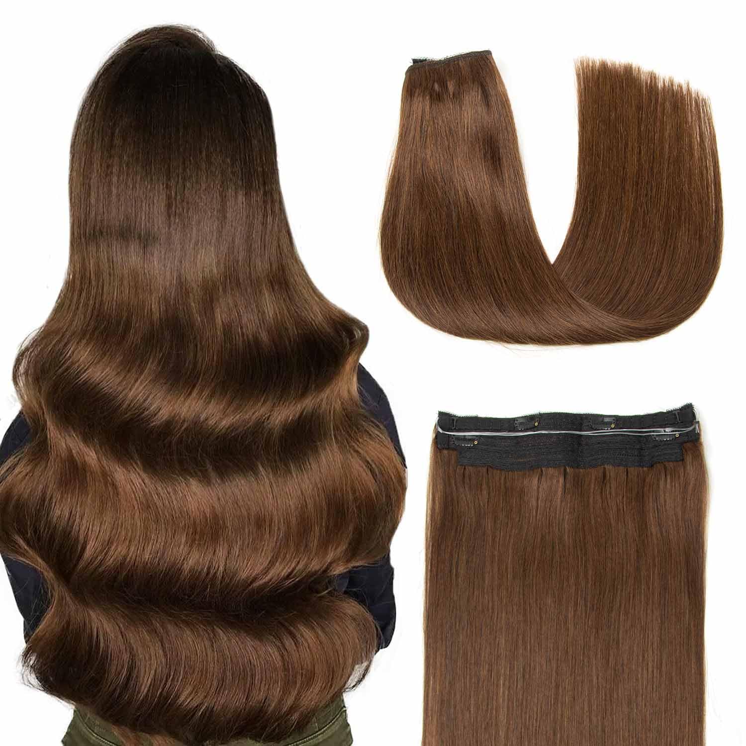 AGMITY Human Hair Extensions Wire Hair Medium Brown 80g invisible Removable Thick Straight Fishing Line Layered Natural Hairpiec
