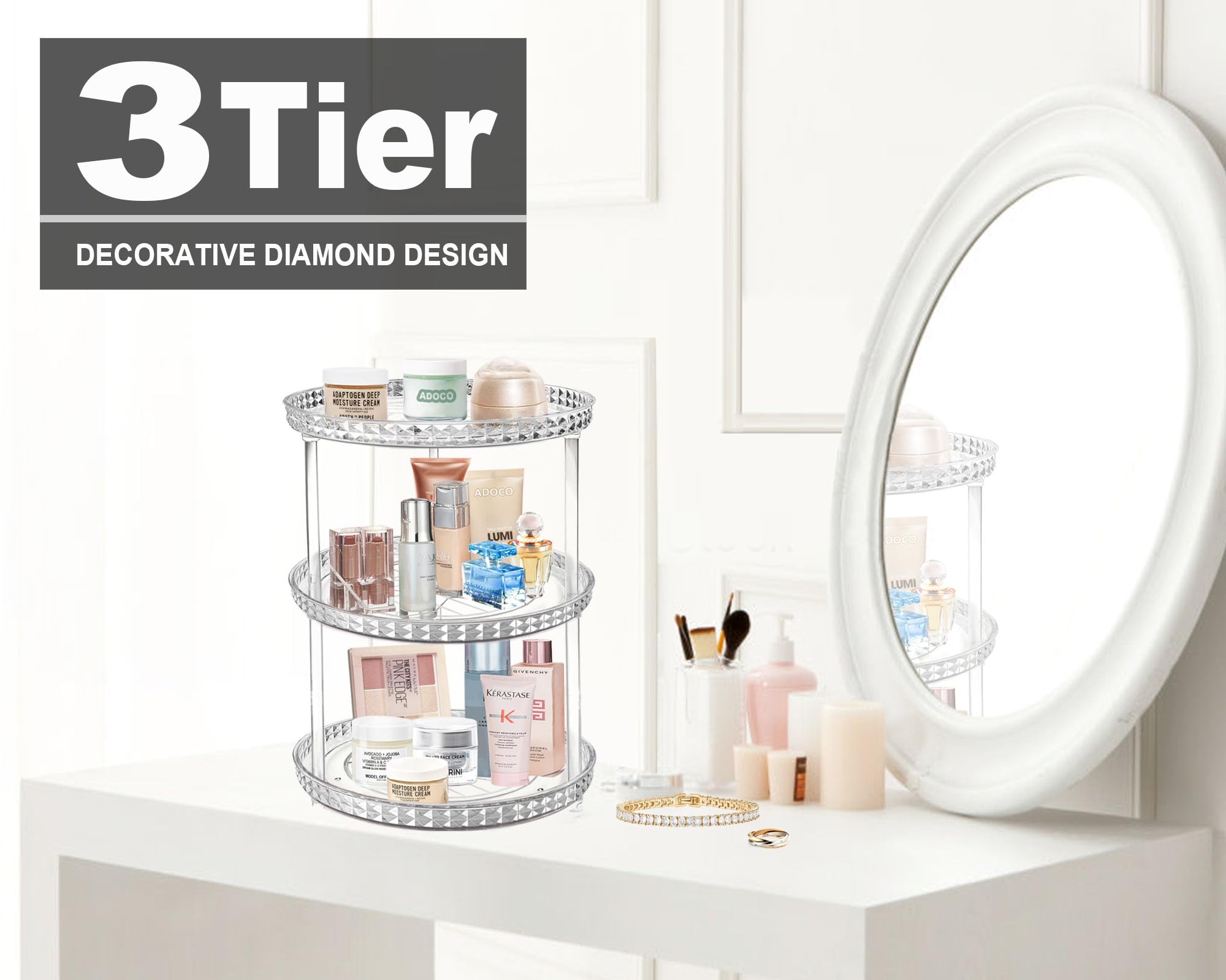 3 Tier Diamond Lazy Susan Bathroom Organizer Countertop, Clear 360 Rotating Cosmetic Makeup Organizer For Vanity, Skincare Organ