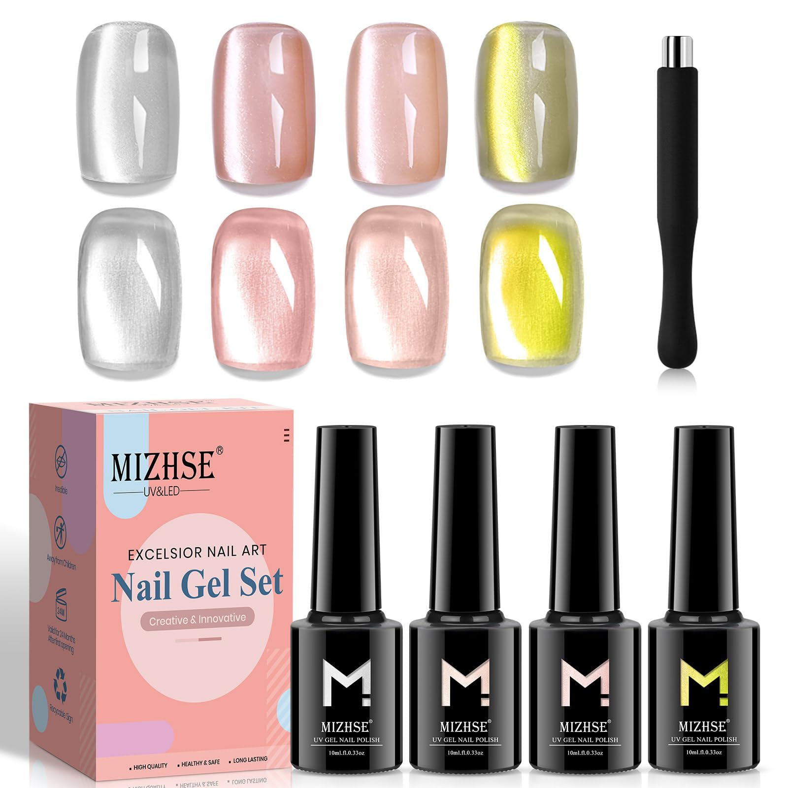 Mizhse Magnetic Cat Eye Gel Polish For Nail 10Ml, Shimmer Moonlight Crystal Cateye Gel With Magnet Stick Gold Silver Gloss Auror