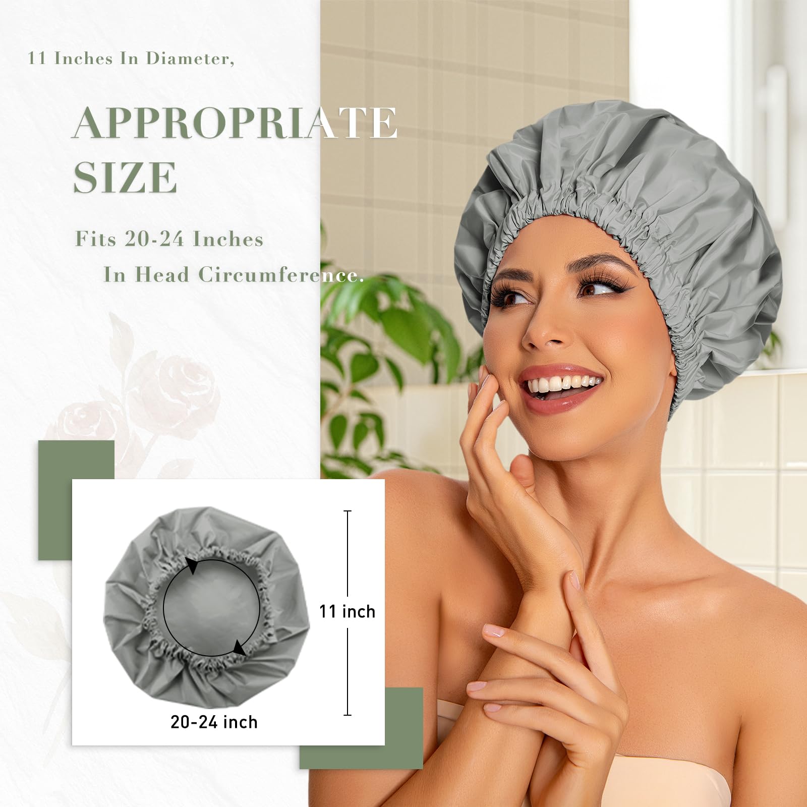 Reusable Shower Cap For Women, Large Waterproof Shower Bonnet Washable Elastic Band Bath Hair Hat For Long Hair, Braids(Dark Gre