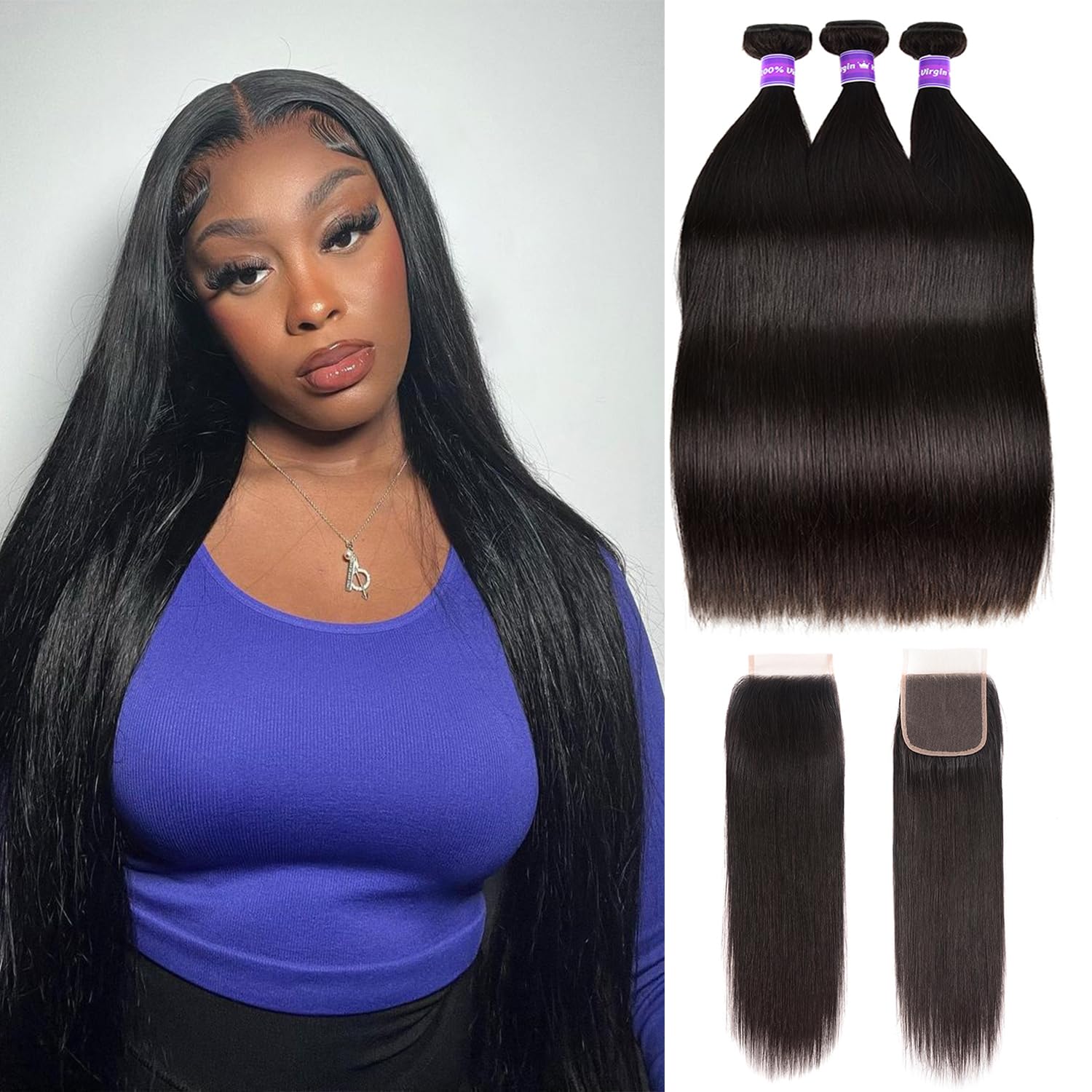Straight Bundles With Closure Human Hair 16 18 20+14 Brazilian Human Hair Bundles with 4X4 HD Lace Closure Free Part 10A 100% Un