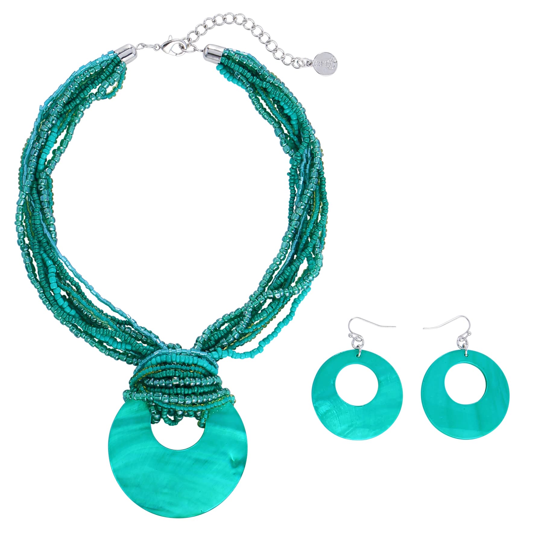 Coiris Multi Strand Statement Colorful Beaded Necklace with Big Circle Shell Pendant for Women (N0055-Teal)
