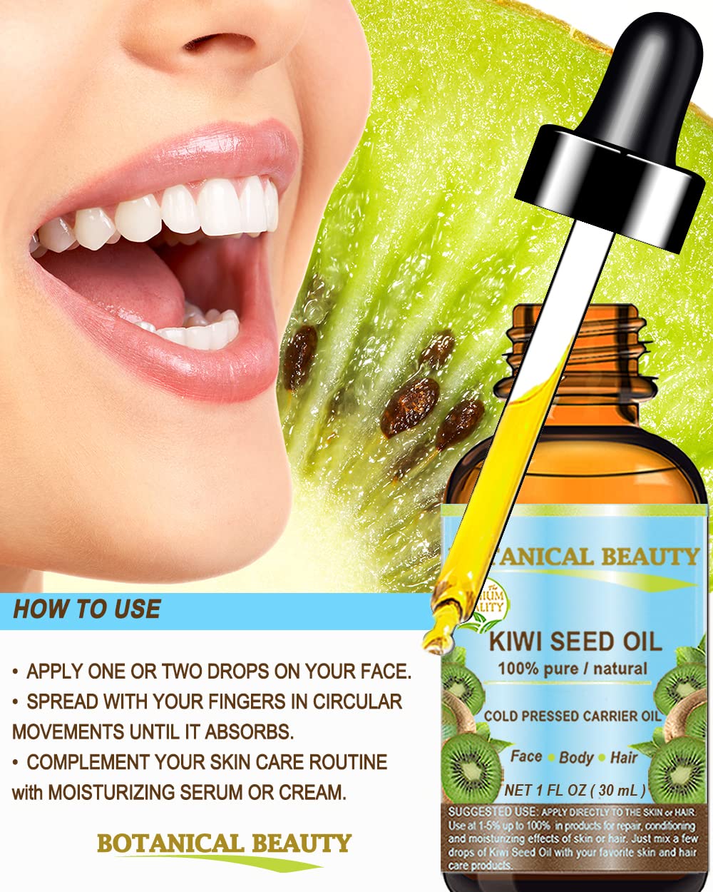 Botanical Beauty KIWI SEED OIL. 100% Pure Natural Undiluted Virgin Cold Pressed Carrier Oil 0.5 Fl.oz.- 15 ml for Face, Skin, Bo