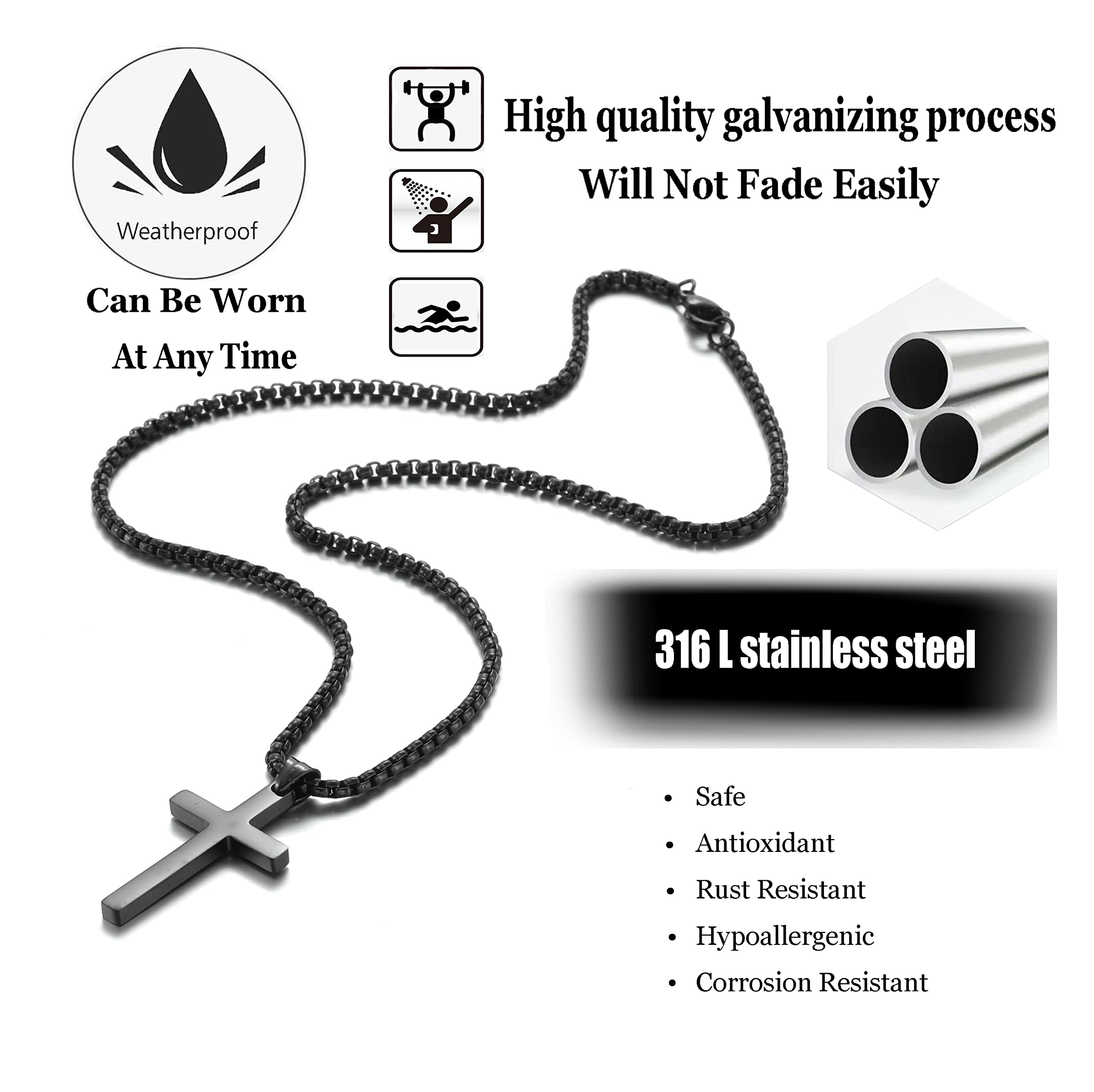 Stainless Steel Cross Necklace for men,Black Cross Necklace for men tiny Small Cross Pendant Necklace 22 inches Simple Jewelry t