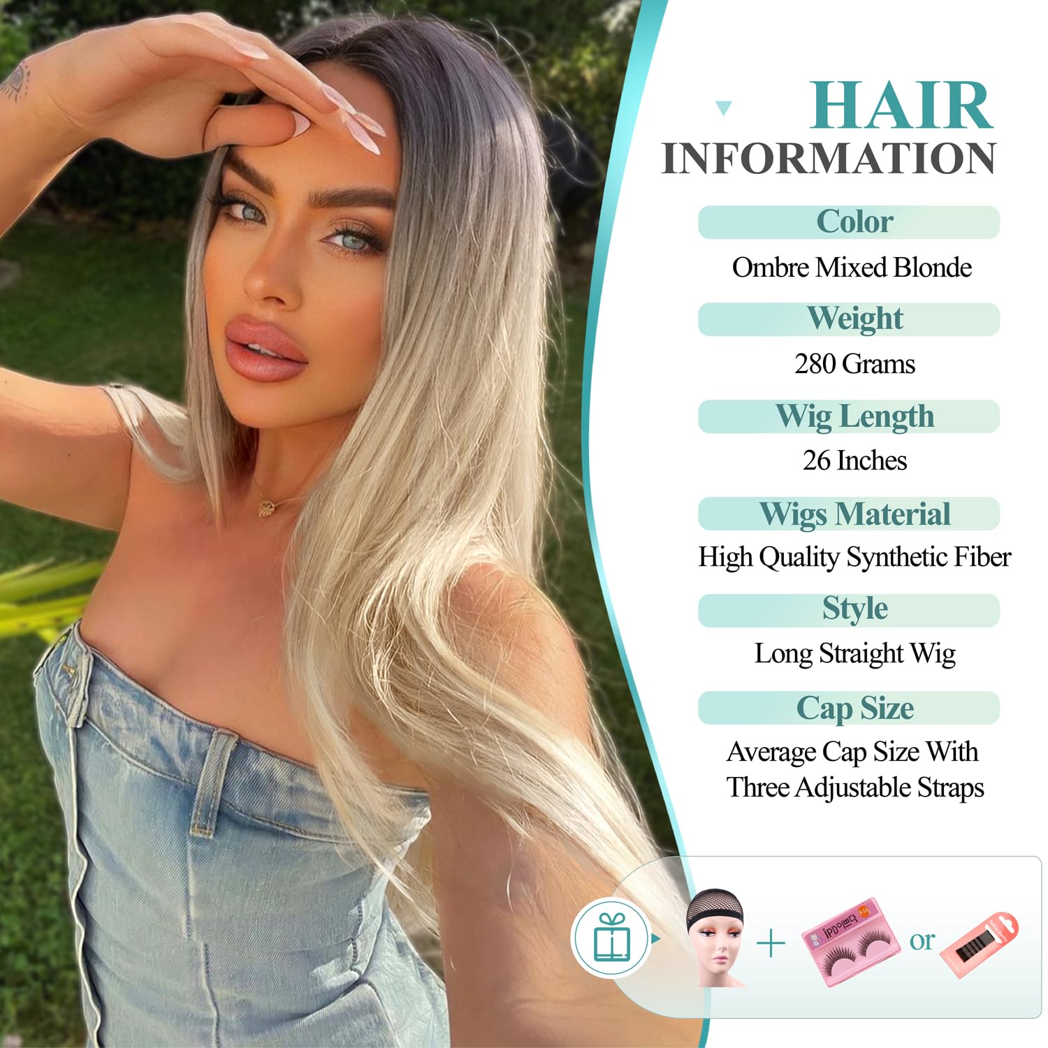 Wiger Long Ombre Blonde Straight Wig For Women 26 Inch Middle Part Honey Blonde Straight Hair Wig Natural Looking Synthetic Colo