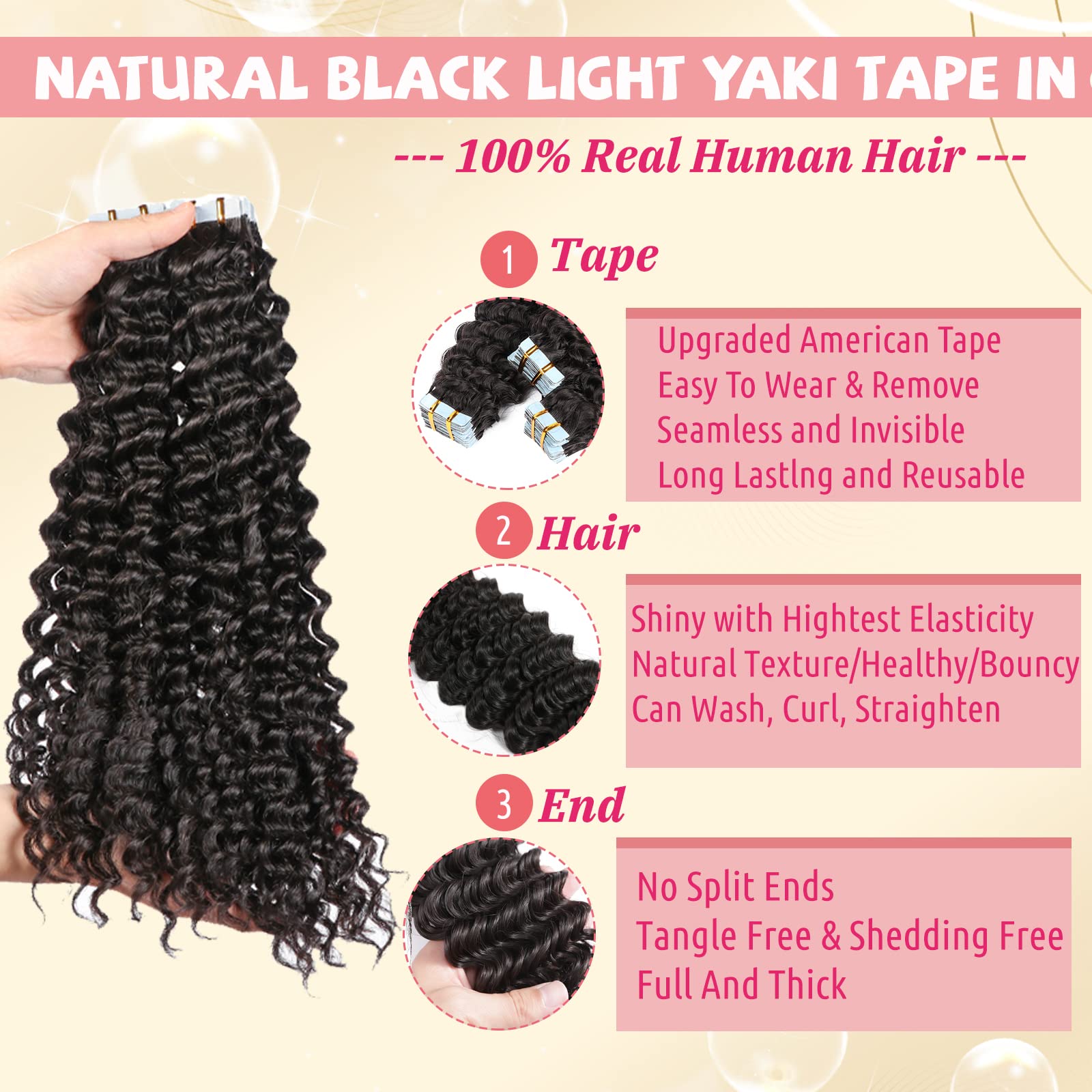 Deep Wave Tape In Hair Extensions Real Human Hair, 24'' Wave Natural Black Tape In Extensions Double Sided Human Hair Tape In Ex
