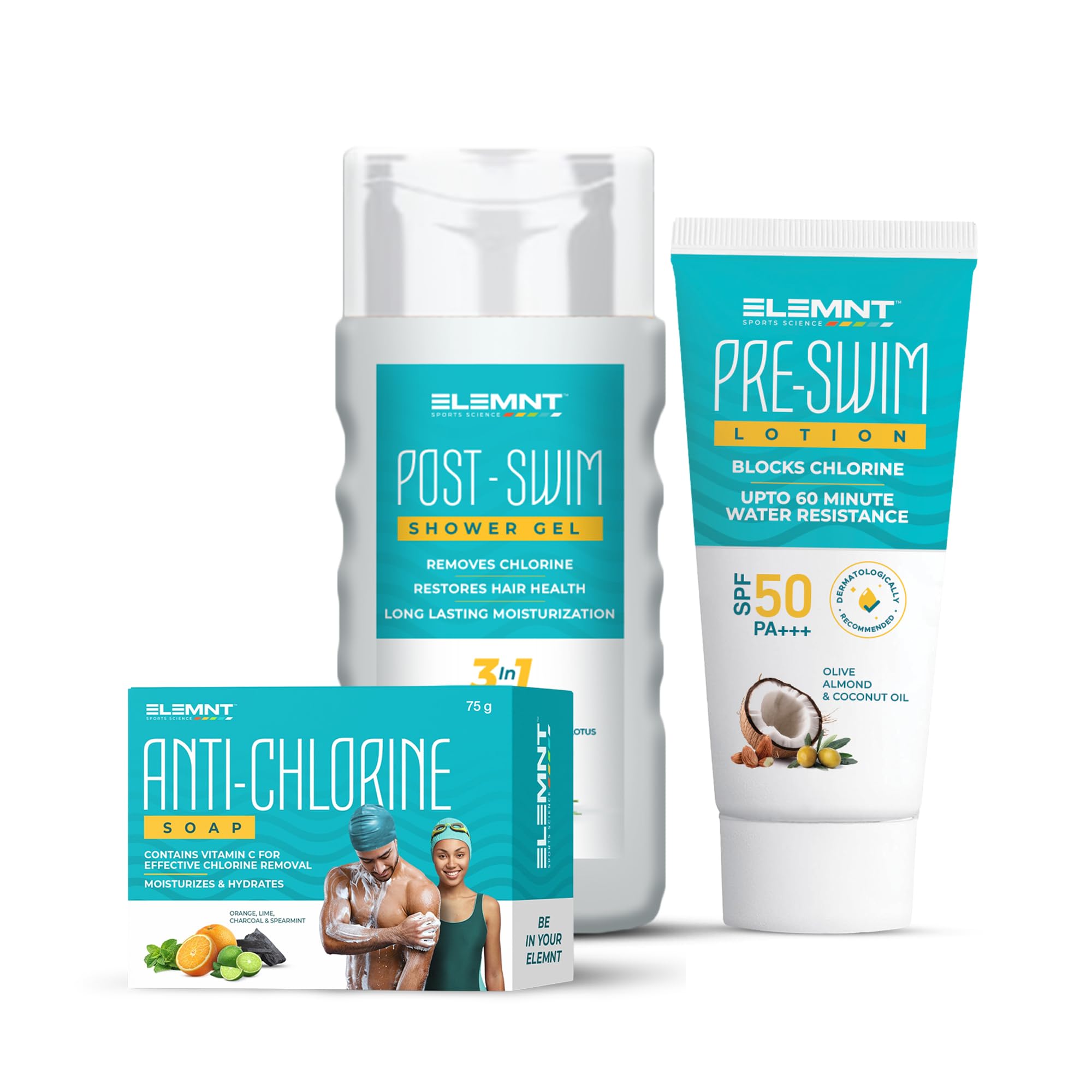 Elemnt Swim Skincare Combo - Pre Swim Body Lotion (100Ml) + Post Swim Shower Gel (200Ml) & Anti-Chlorine Soap (75G) For Adults &