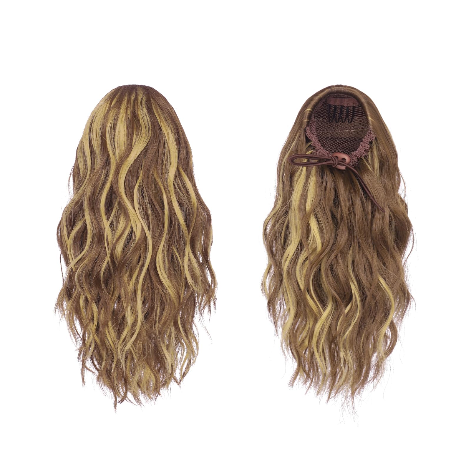 Feshfen Ponytail Extensions, Drawstring Ponytails Hair Extension Light Brown & Blonde Short Curly Wavy Hair Piece Synthetic Pony