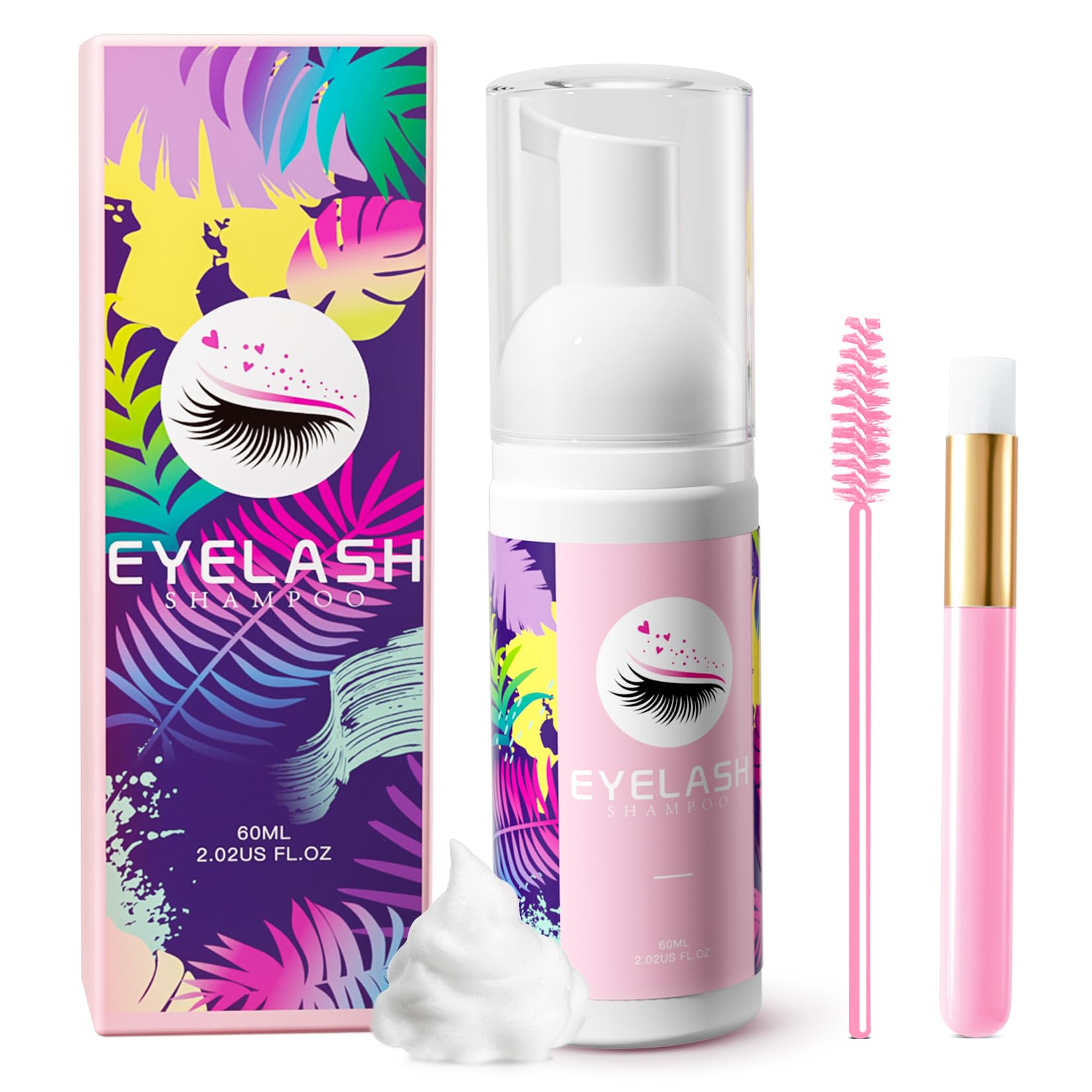 Setgnur Lash Shampoo for Lash Extensions 60ml Eyelash Extension Cleanser Lash Shampoo Cleaning Kit with Shampoo Brush & Mascara 