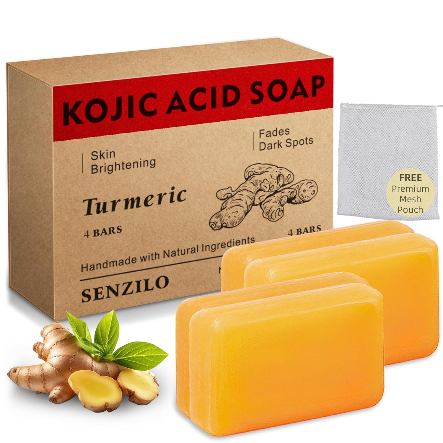 Senzilo Kojic Acid Soap, Turmeric Soap for Dark Spots with Collagen, Vitamin E, Retinol, Hyaluronic Acid, Shea Butter, Turmeric 