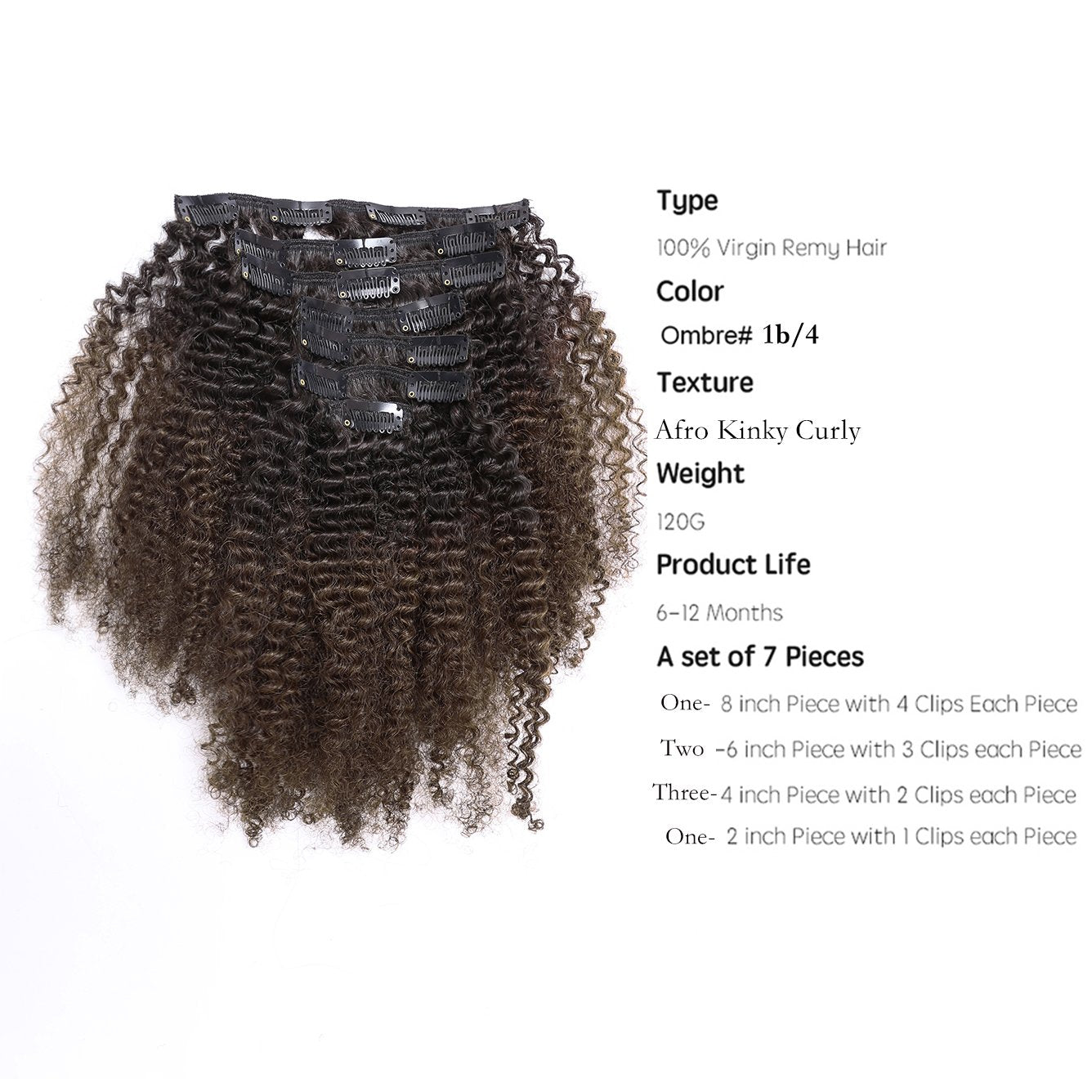 Ombre Remy Clip in Human Hair Extensions Afro Kinky Curly Clip ins 4B 4C 100% Natural Black Hair Extensions 10-22 inch Two Tone