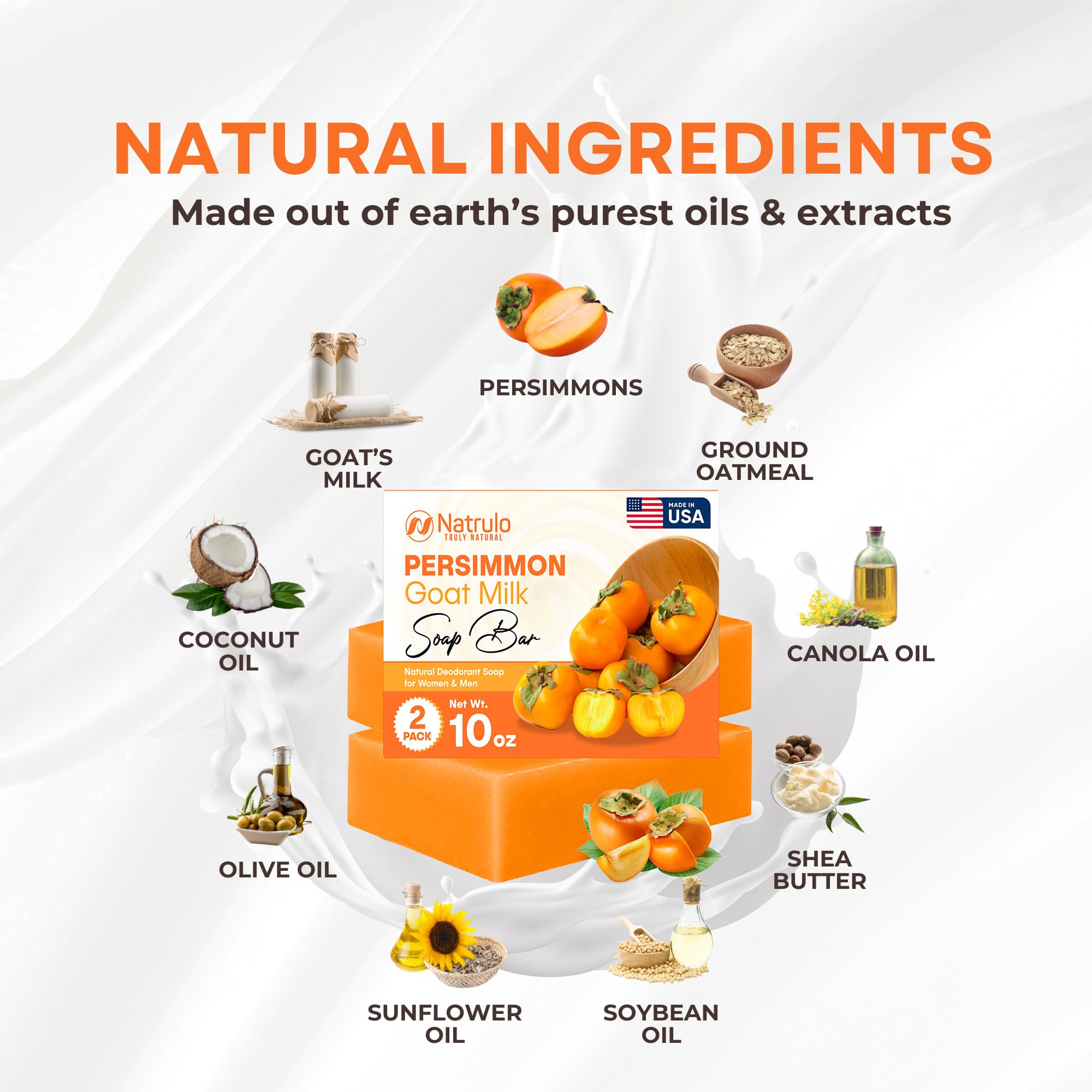Natrulo Persimmon Soap Bar - Purifying Deodorizing Body Wash with Goat Milk, 5 oz (Pack of 2) for Men & Women, Great for Skin Brightening