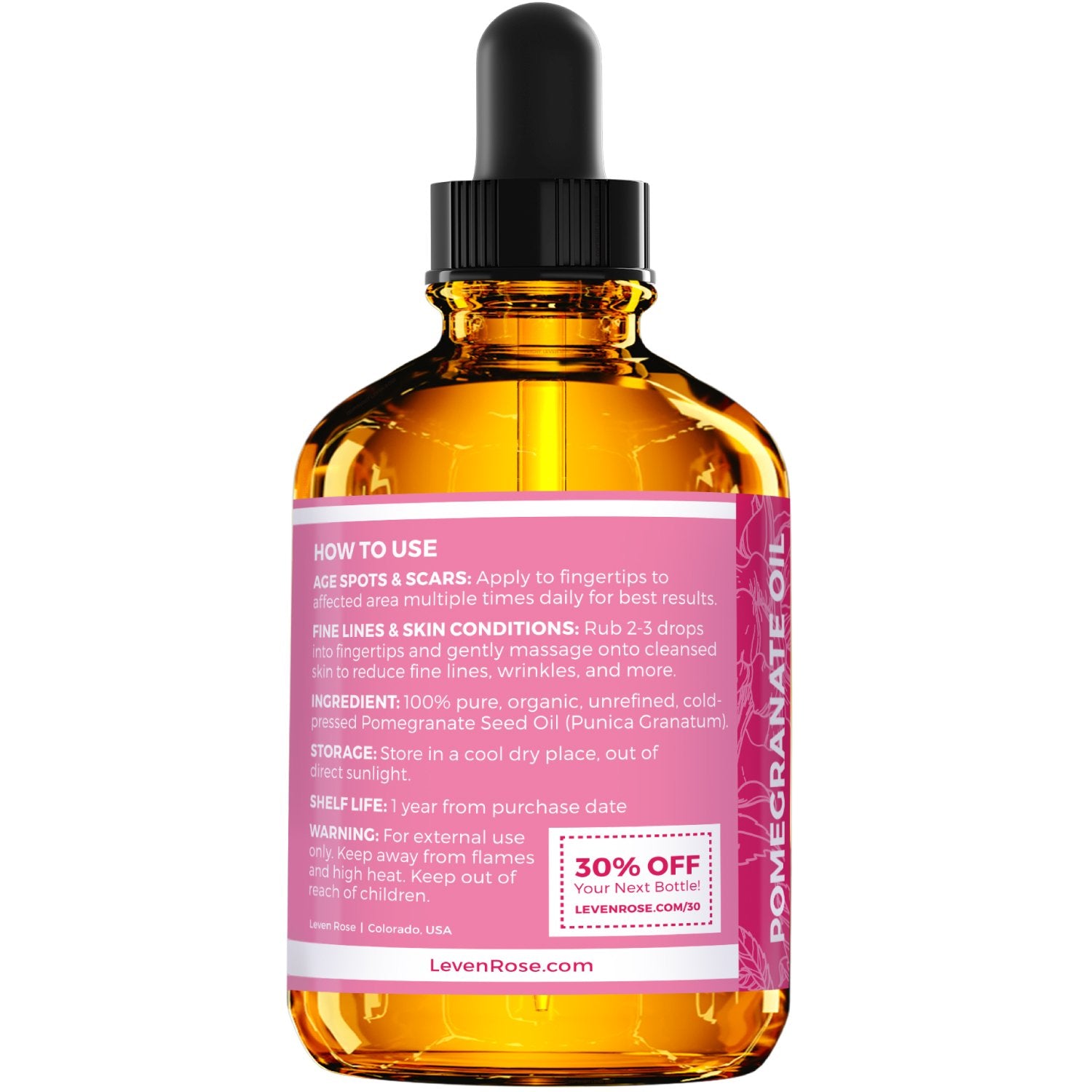 Leven Rose Pomegranate Seed Oil, 100% Pure Unrefined Cold Pressed Antioxidant Moisturizer For Hair Skin And Nails 2 Oz