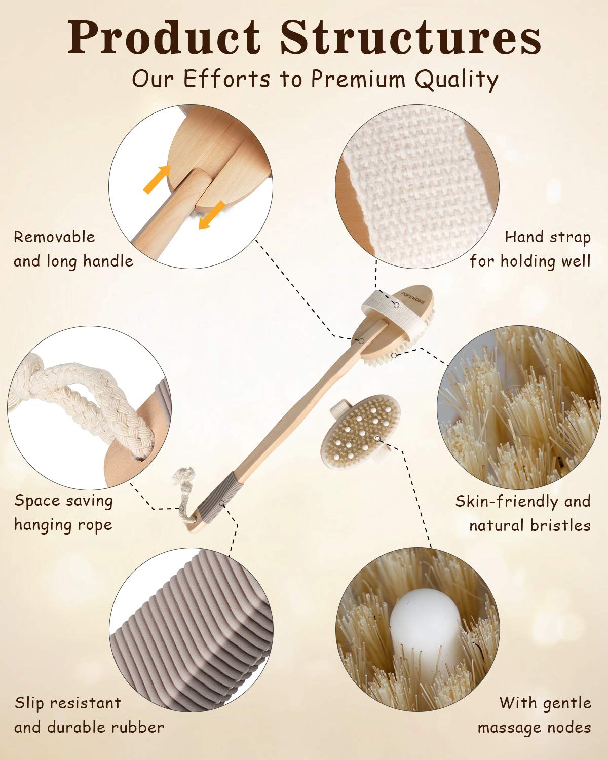 Shower Brush, Popchose Detachable Dry Brushing Body Brush For Body Cellulite And Lymphatic, Back Scrubber For Shower Long Handle