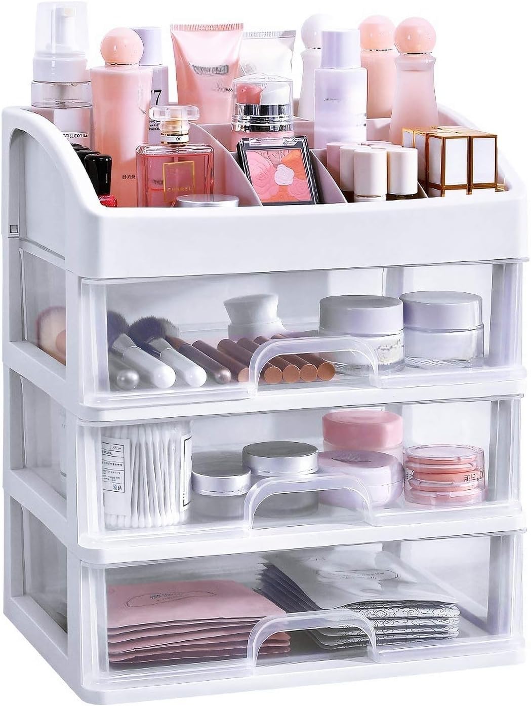 Simbuy Makeup Organizer with 3 Drawers, Bathroom Vanity Countertop Storage for Cosmetics, Brushes, Lotion, Nail Lipstick and Jew