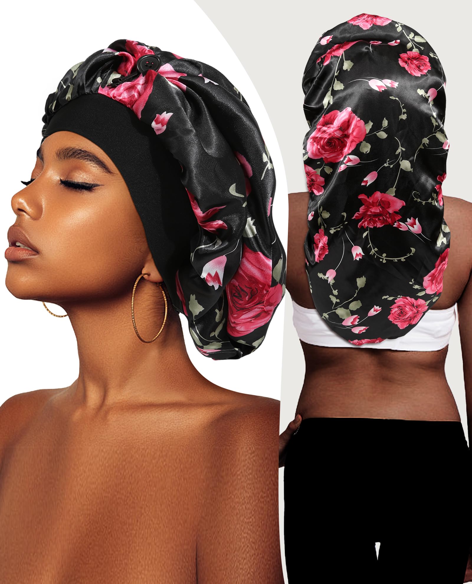 Awaytr Long Satin Braids Bonnet For Women - 2 Layer Silk Bonnet For Braids Elastic Hair Sleeping Cap With Wide Band Nightcap (Fl