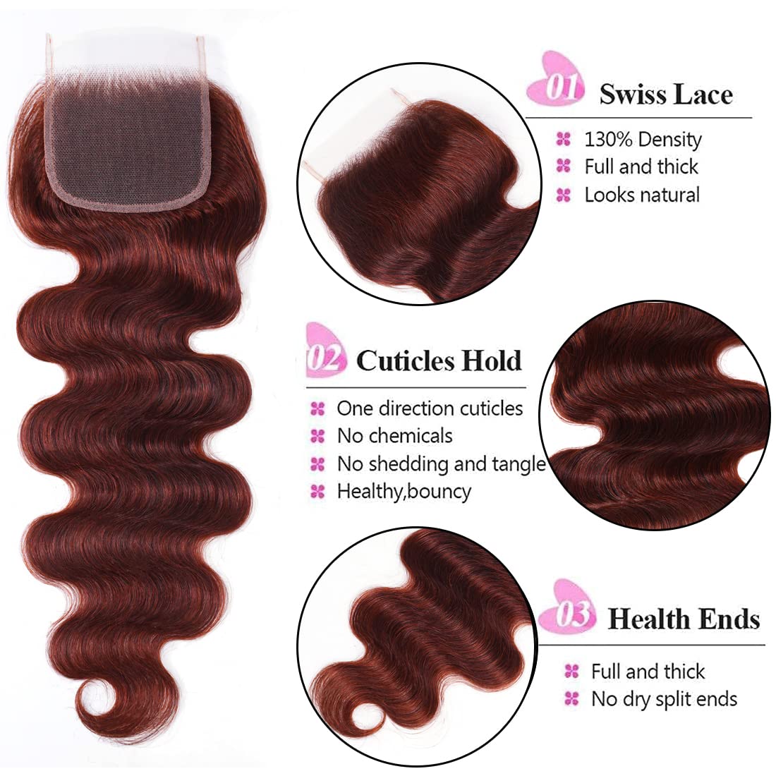 UNICE Reddish Brown Body Wave Human Hair 3 Bundles with 4x4 lace closure Free Part Brazilian Remy Hair Copper Red Wavy Bundles a