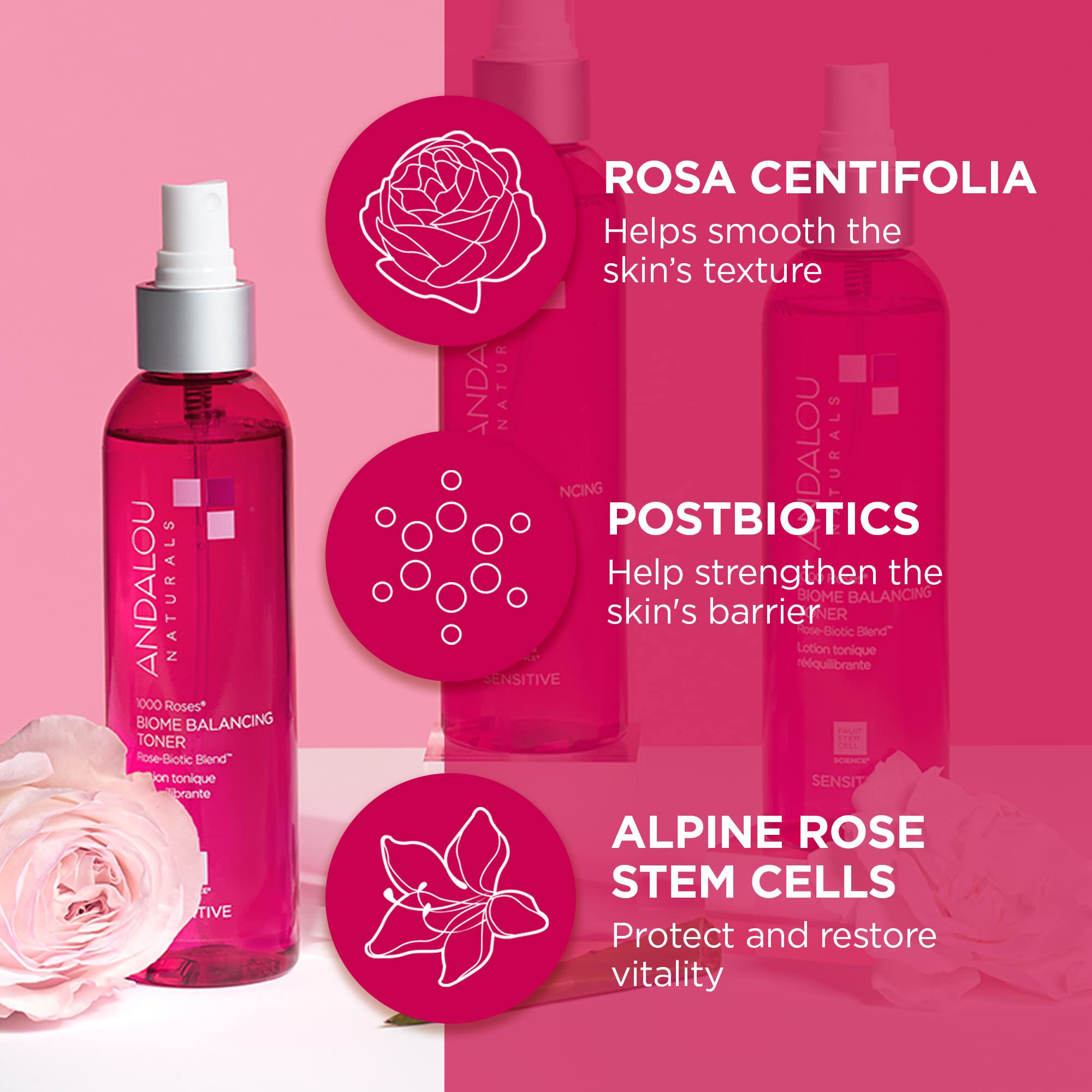 Andalou Naturals Toner, 1000 Roses Biome Balancing Facial Toner, Refreshing & Gentle on Sensitive Skin, Rose-Biotic Blend to Hel