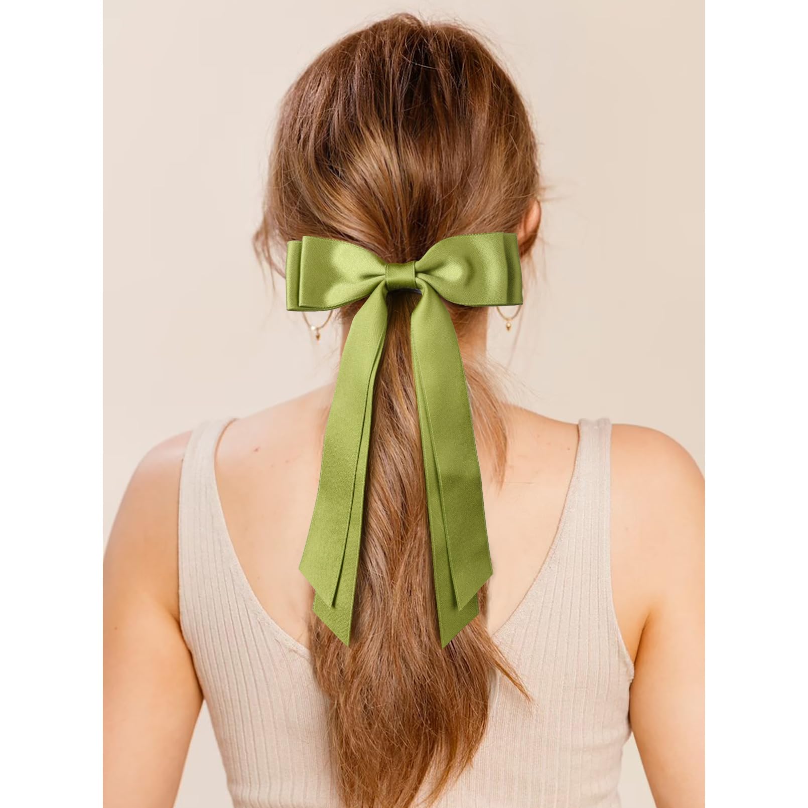 2Pcs Silky Satin Hair Bows Hair Clip Pink Green Hair Ribbon Ponytail Holder Accessories Slides Metal Clips Hair Bow For Women Gi