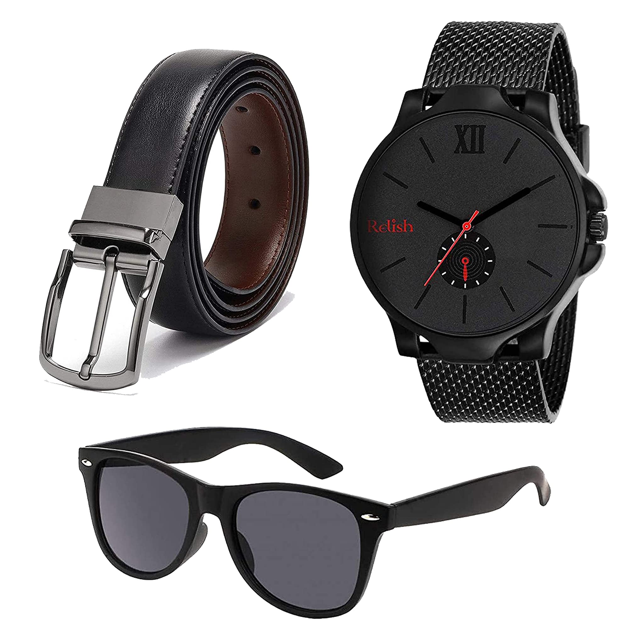 Relish Analogue MenS & BoyS Watch, Black Sunglasses And Reversible PuLeather Belt Combo For Gifts (Black3)