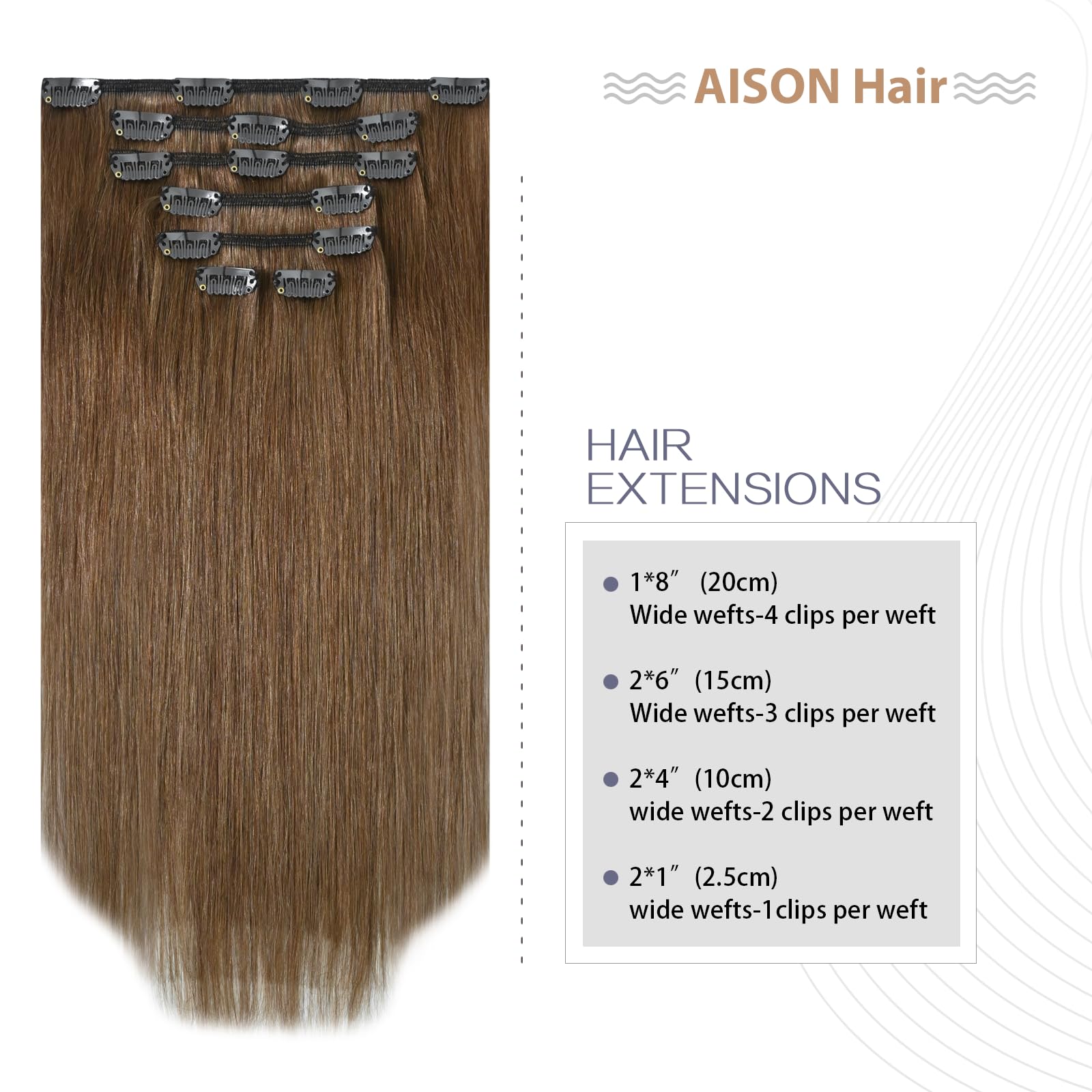 Aison Light Brown Hair Extensions Clip in Human Hair 7pcs Remy Hair 16clips for Women #6 Chestnut Brown Hair Extensions 14 Inch