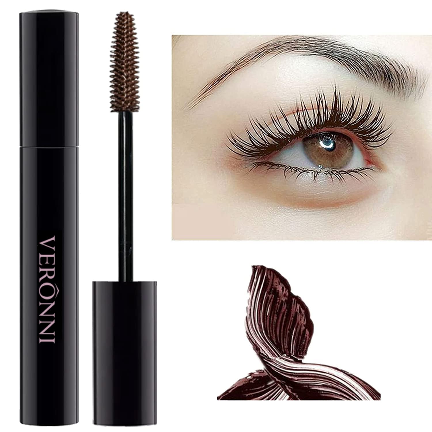 Veronni Brown Waterproof Mascara,Curlingthick Lengthening Eyelash Mascara,Lifts And Extends Lash Length, Clump Resistant,Non-Smu