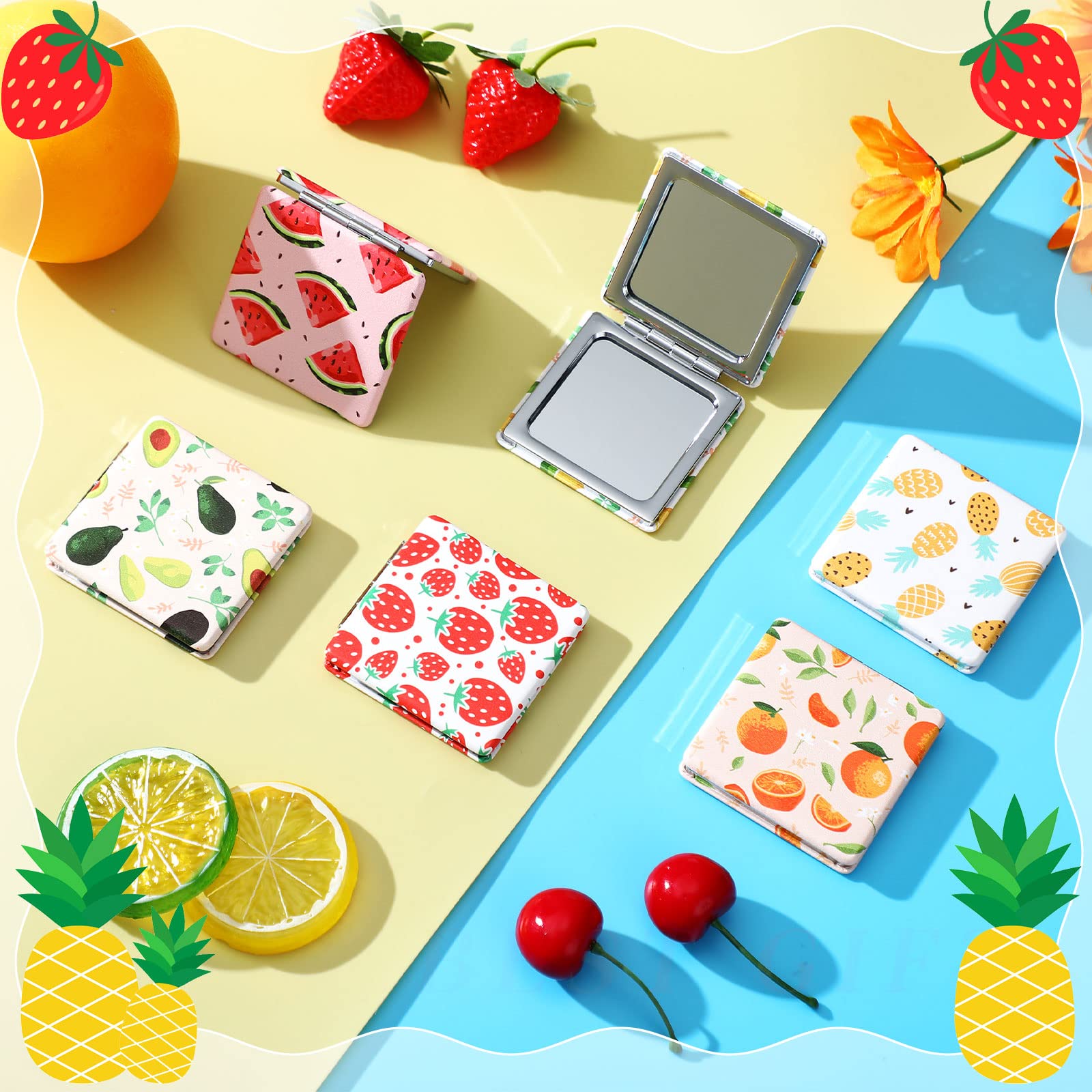 Vicenpal Compact Mirrors Small Pocket Mirror Fruit Design Mini Magnifying Portable Makeup Compact Mirror Pu Leather Double Sided