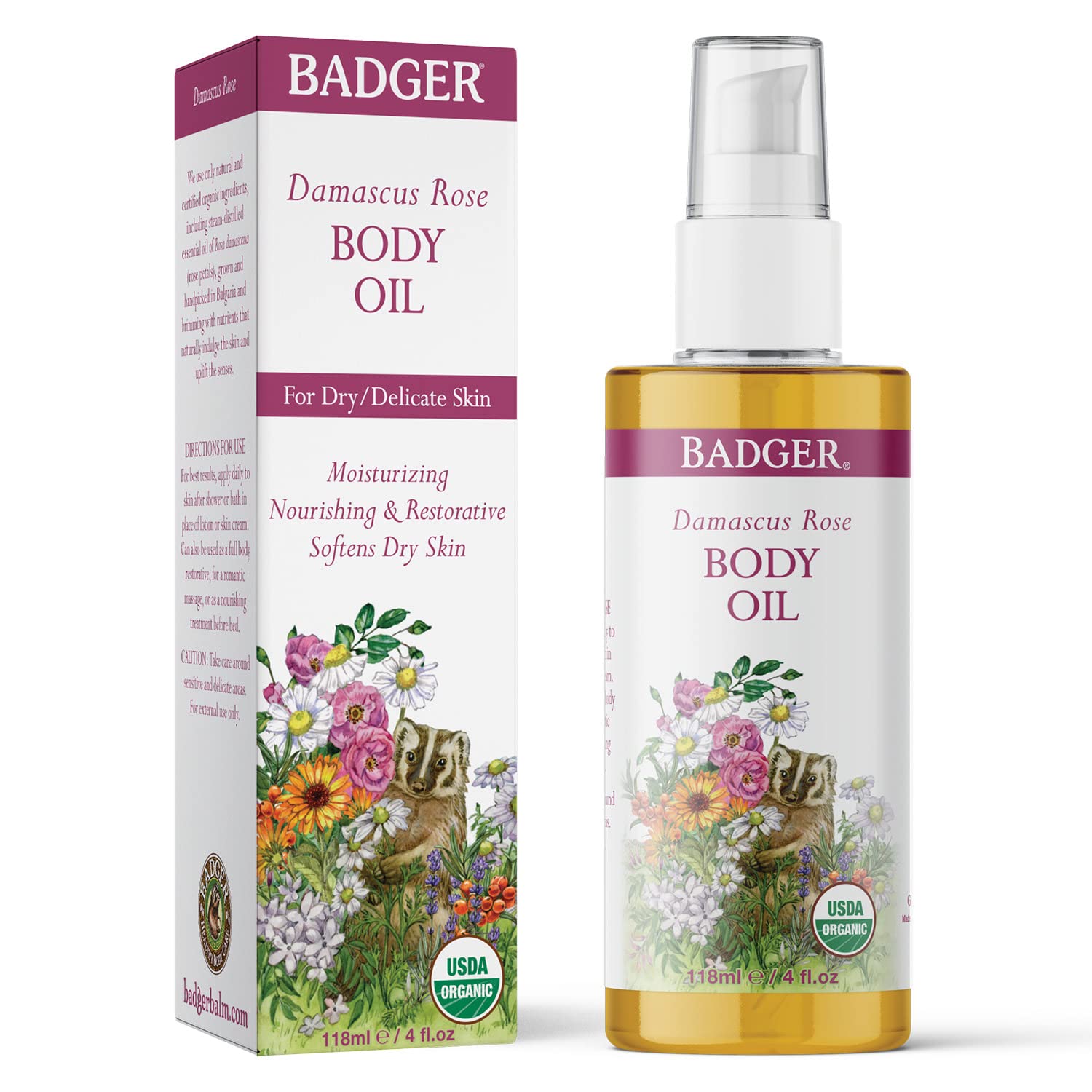 Badger - Body Oil, Damascus Rose, Certified Organic Body Oil, Natural Body Oil, Skincare Oil, Body Oil Organic, After Shower Bod