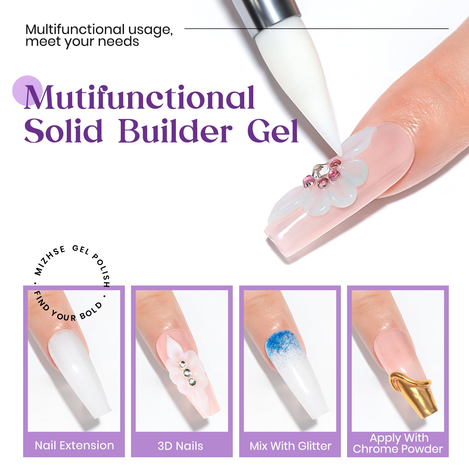 Mizhse Solid Builder Gel For Nails, 60G White 3D Gel Nail Art Sculpture Gel Non-Sticky Carving Nail Extension Soak Off Uv Led Ha
