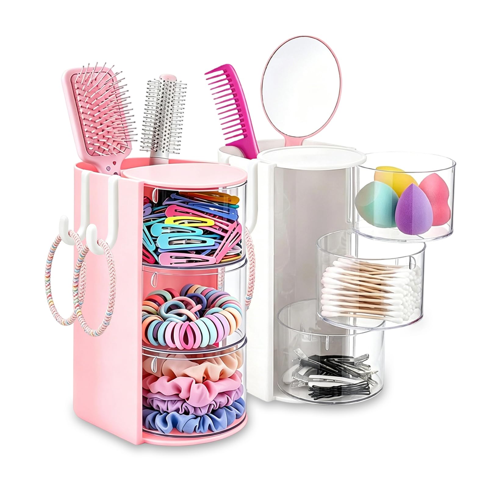 DJBVHSF 2 Pack Rotating Hair Accessories Organizer, Pink & White, 3Tier